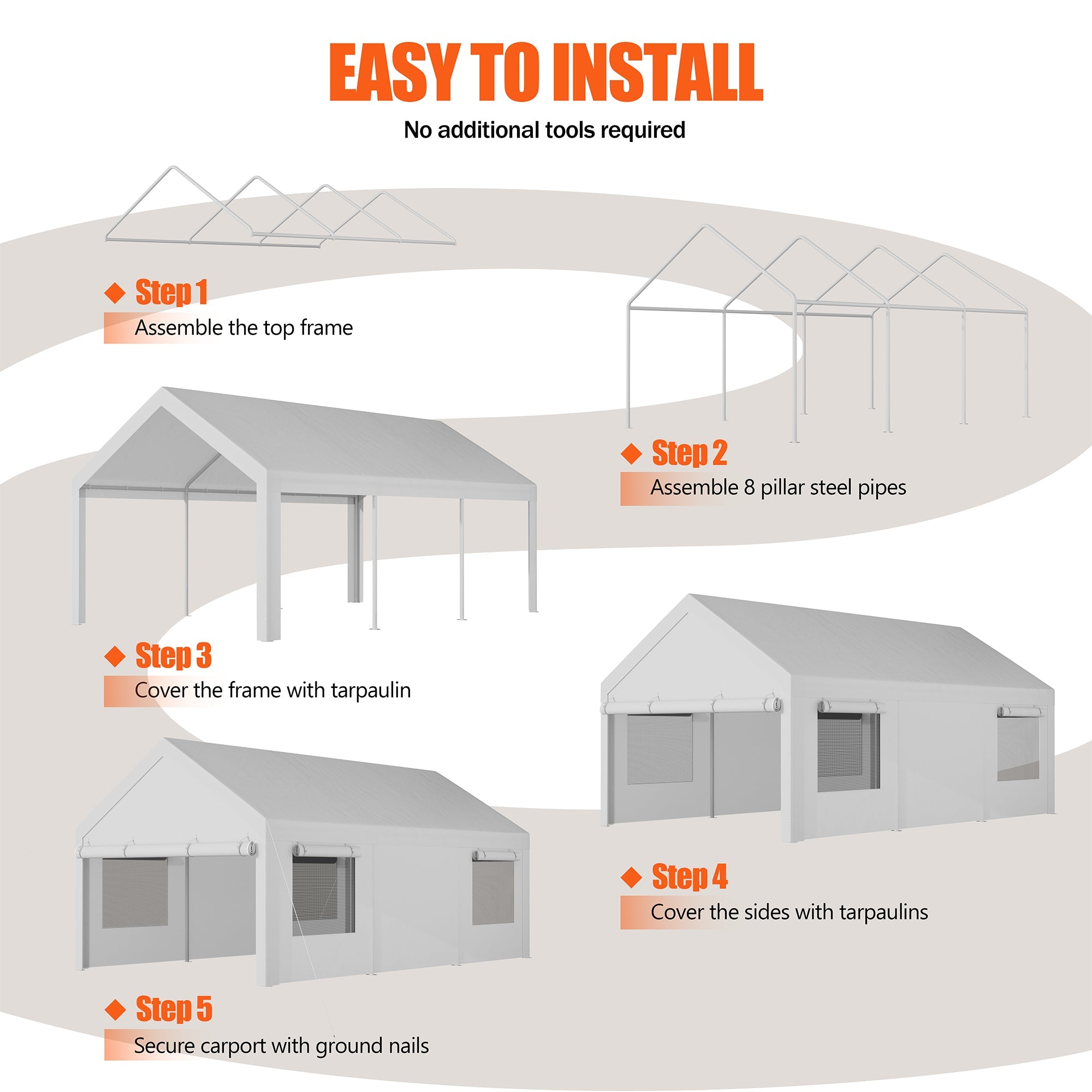 Walsunny Carport, 10x20 ft Heavy Duty Carport Canopy with Roll-up Windows, Portable Garage with Removable Sidewalls & Doors (7404387467440)