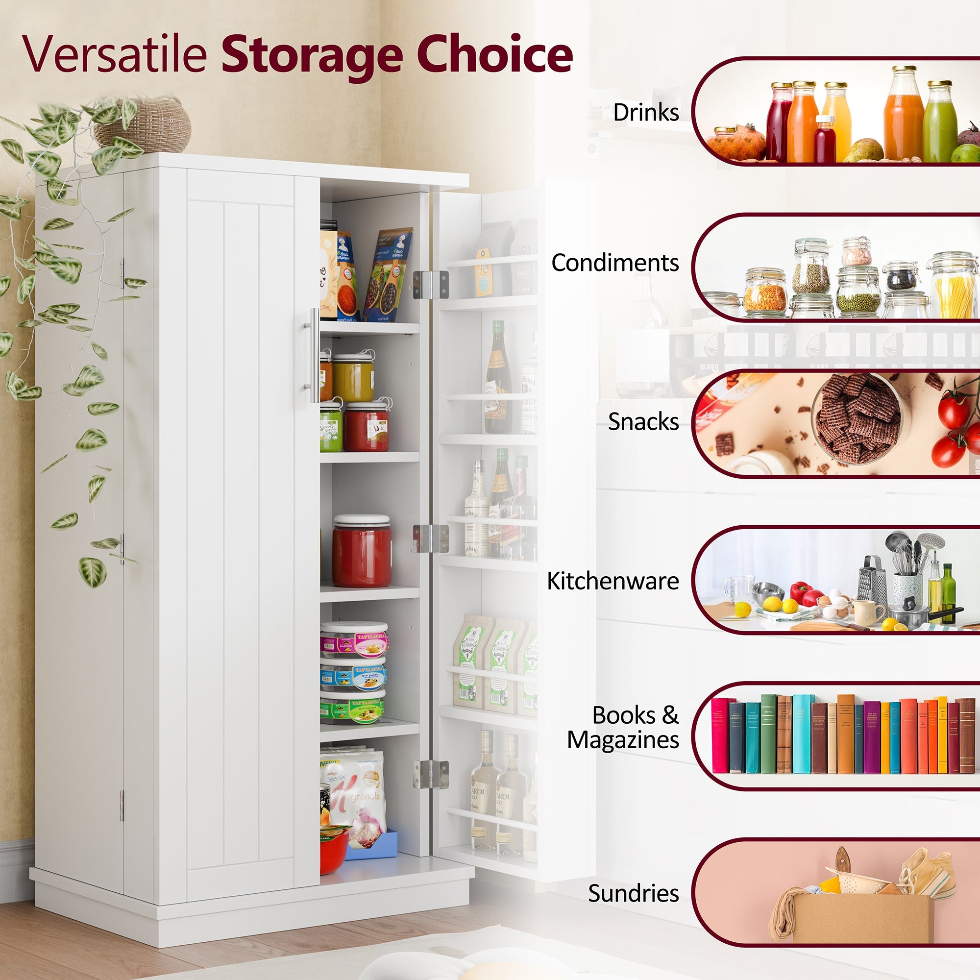 Walsunny 47" Kitchen Pantry Farmhouse Storage Cabinet with Adjustable Shelves, Racks and Doors Freestanding Kitchen Hutch Cupboard (7504155214000)