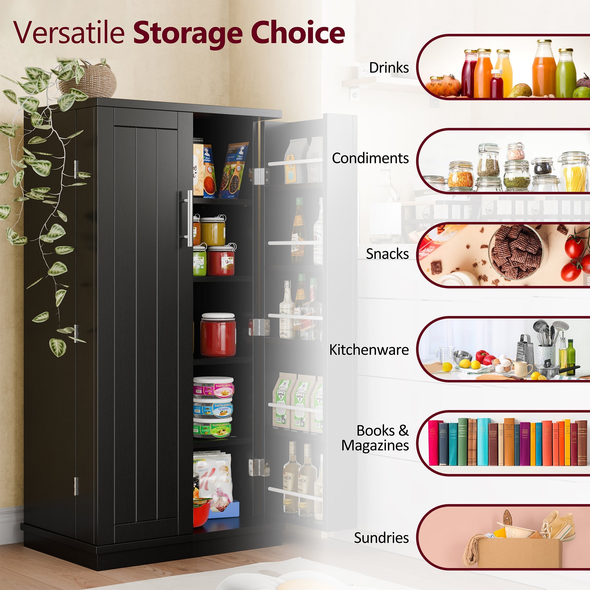 Walsunny 47" Kitchen Pantry Farmhouse Storage Cabinet with Adjustable Shelves, Racks and Doors Freestanding Kitchen Hutch Cupboard (7504155214000)