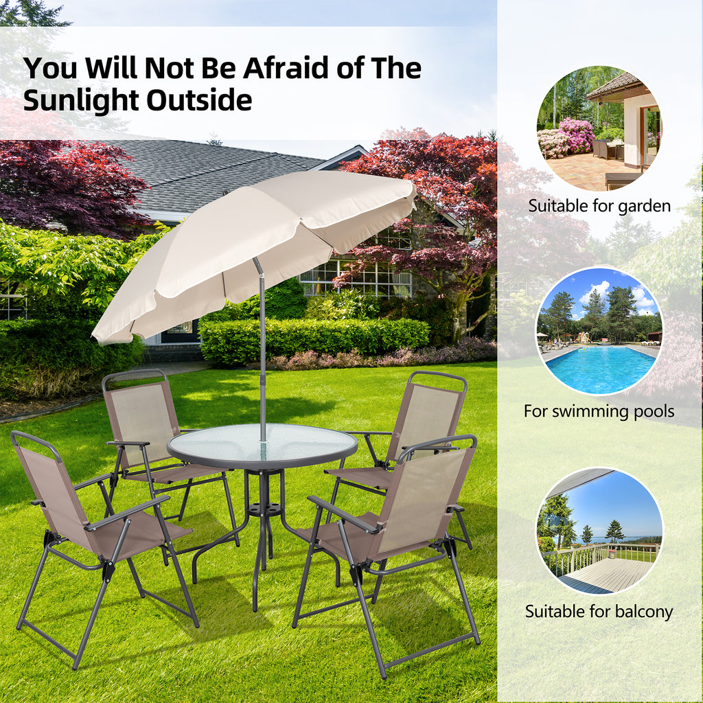 Vongrasig 6 Piece Folding Patio Dining Set,Small Metal Outdoor Garden Patio Table and Chair Set w/Umbrella for Lawn,Deck,Backyard,Black