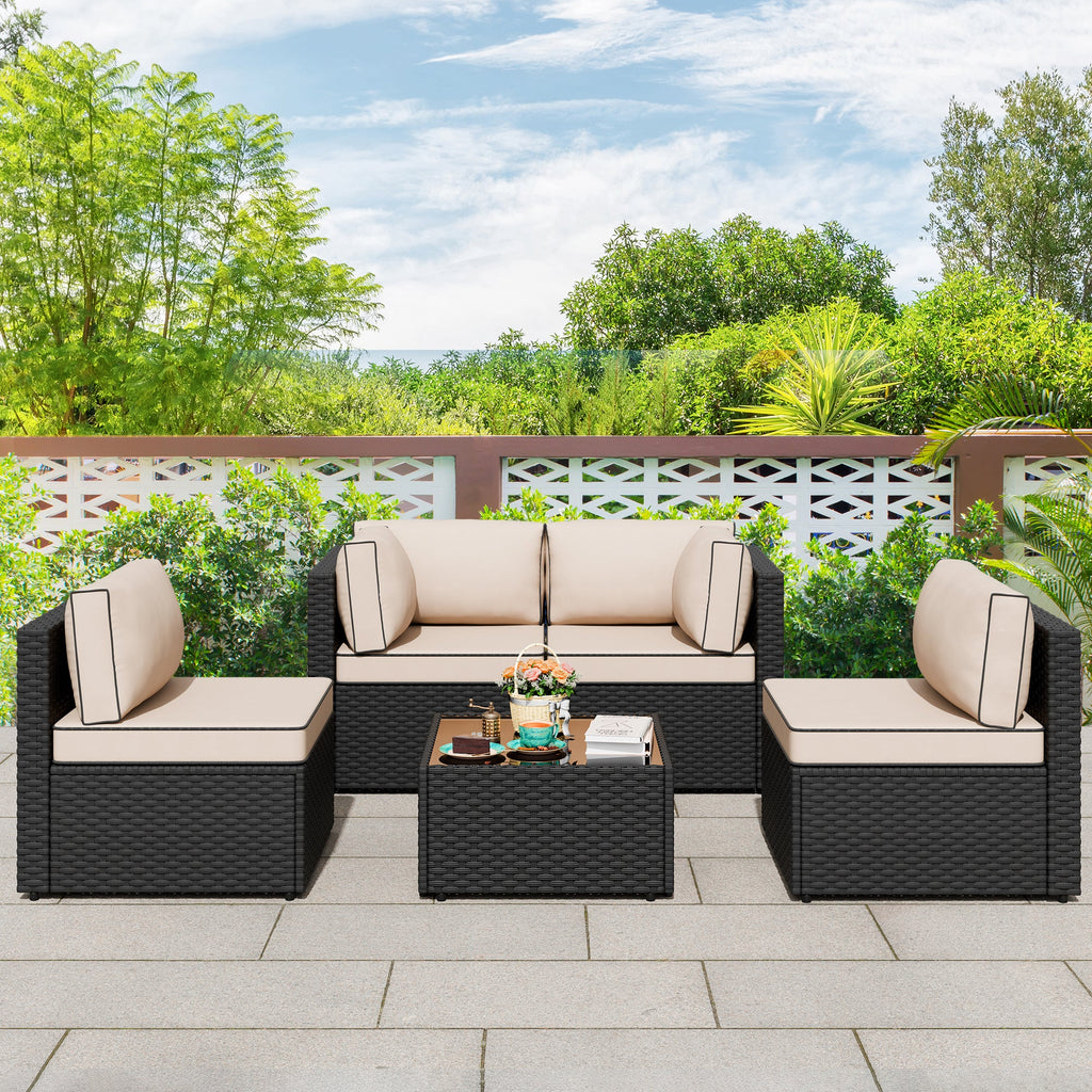 Vongrasig Patio Furniture 5 Pieces Outdoor Sectional Sofa, Black Wicker