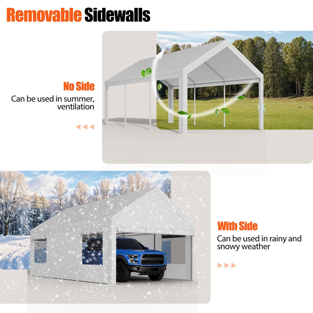 Walsunny Carport, 10x20 ft Heavy Duty Carport Canopy with Roll-up Windows, Portable Garage with Removable Sidewalls & Doors (7404387467440)