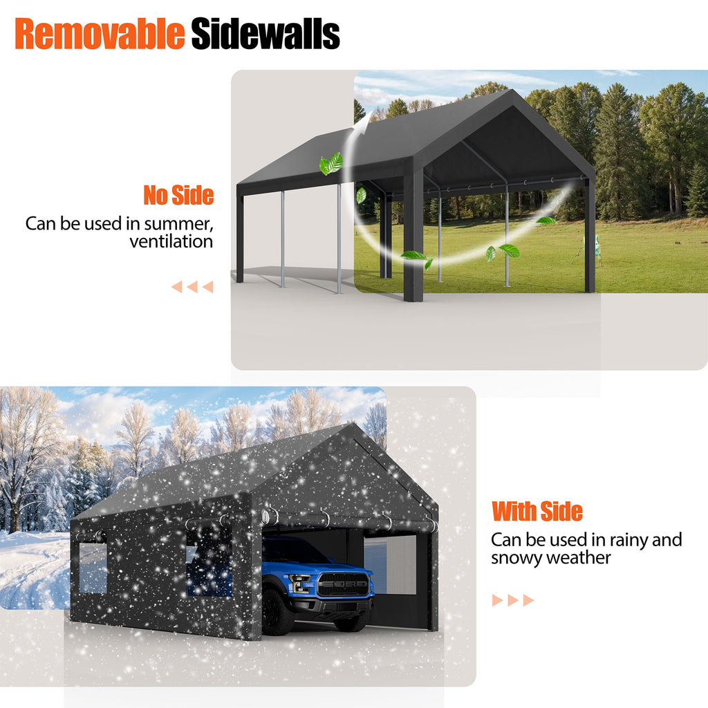 Walsunny Carport, 10x20 ft Heavy Duty Carport Canopy with Roll-up Windows, Portable Garage with Removable Sidewalls & Doors (7404387467440)