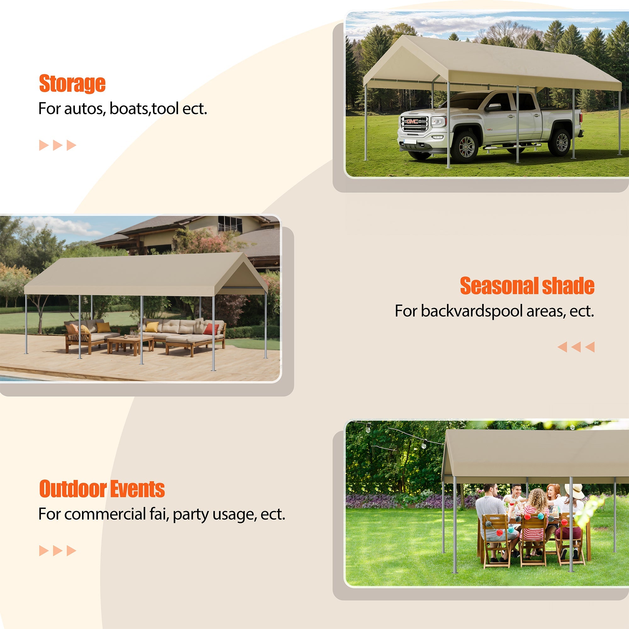 Walsunny Carport 10 x 20 ft Heavy Duty Carport Car Canopy with Powder-Coated Steel Frame,  Shelter Party Tent with 180g PE Tarp for Wedding, Garden (7404386713776)