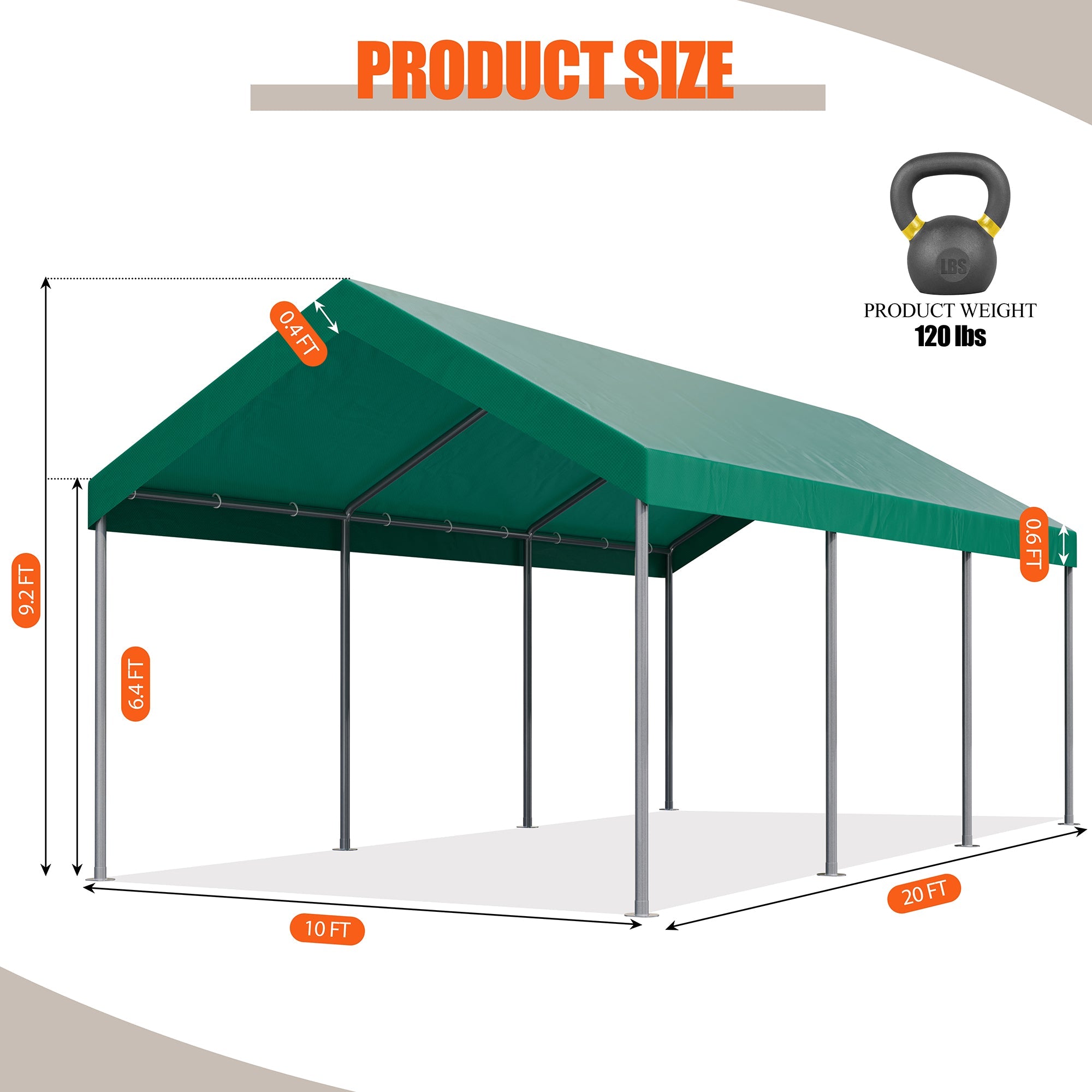 Walsunny Carport 10 x 20 ft Heavy Duty Carport Car Canopy with Powder-Coated Steel Frame,  Shelter Party Tent with 180g PE Tarp for Wedding, Garden (7404386713776)