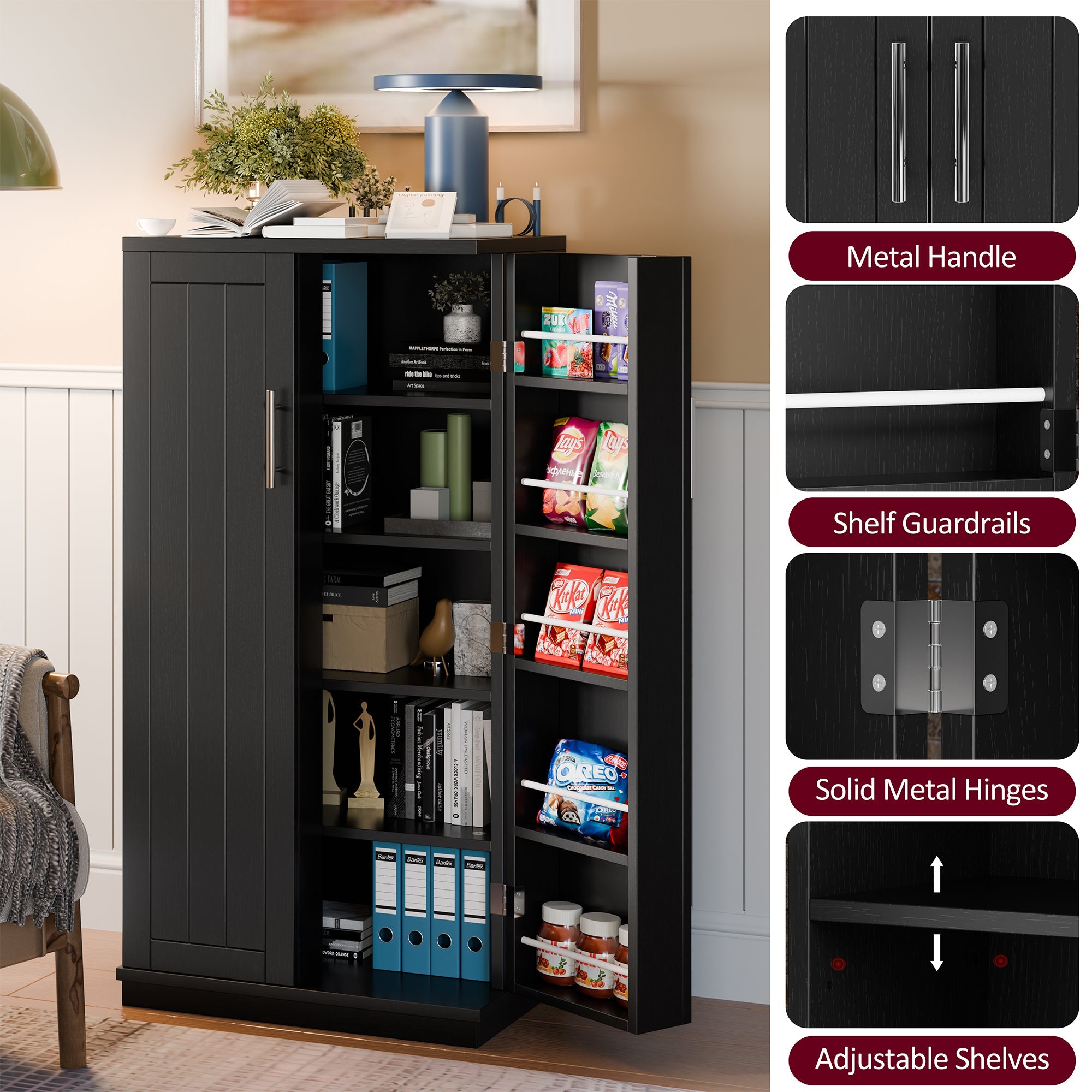 Walsunny 47" Kitchen Pantry Farmhouse Storage Cabinet with Adjustable Shelves, Racks and Doors Freestanding Kitchen Hutch Cupboard (7504155214000)