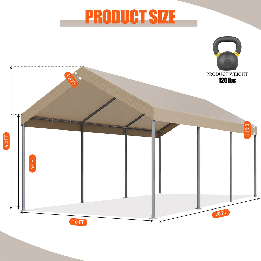 Walsunny Carport 10 x 20 ft Heavy Duty Carport Car Canopy with Powder-Coated Steel Frame,  Shelter Party Tent with 180g PE Tarp for Wedding, Garden (7404386713776)