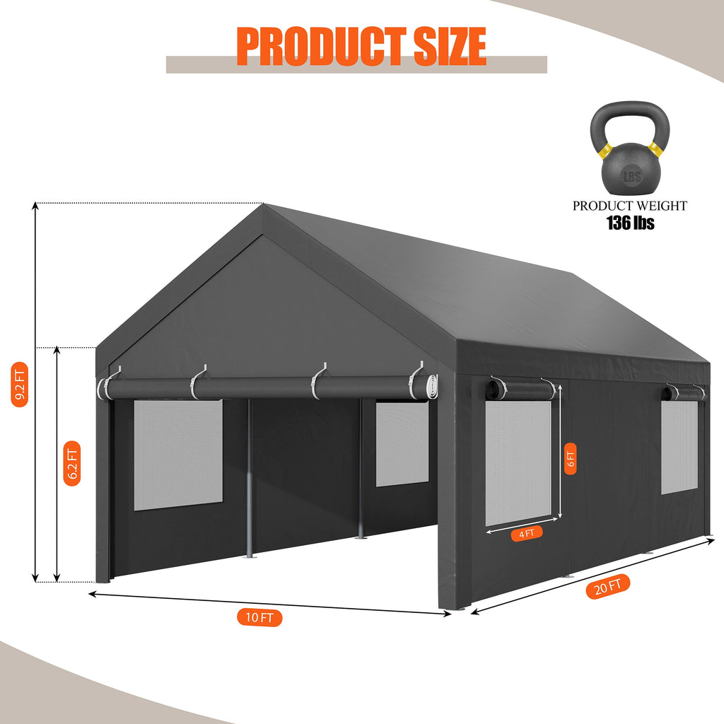 Walsunny Carport, 10x20 ft Heavy Duty Carport Canopy with Roll-up Windows, Portable Garage with Removable Sidewalls & Doors (7404387467440)
