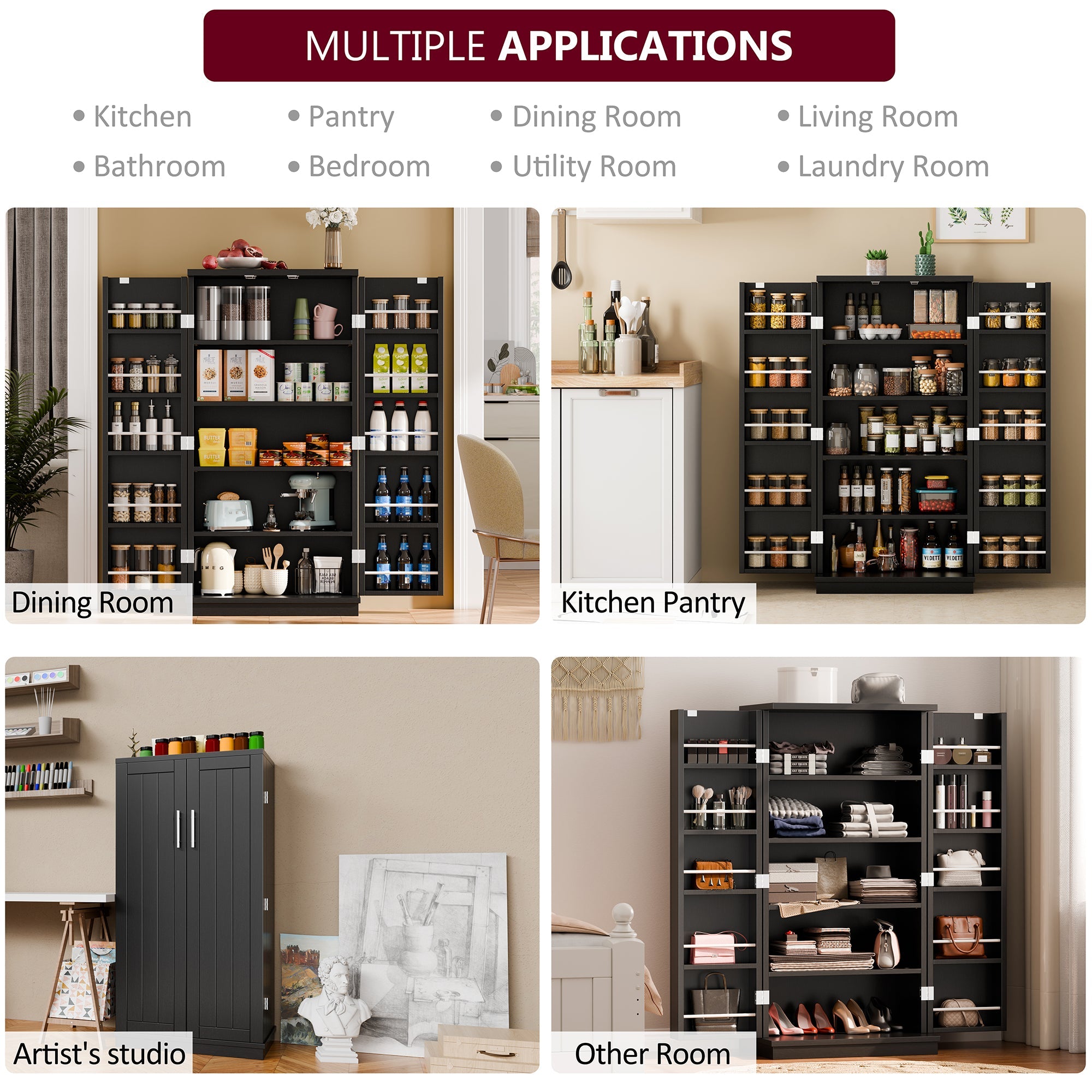 Walsunny 47" Kitchen Pantry Farmhouse Storage Cabinet with Adjustable Shelves, Racks and Doors Freestanding Kitchen Hutch Cupboard (7504155214000)