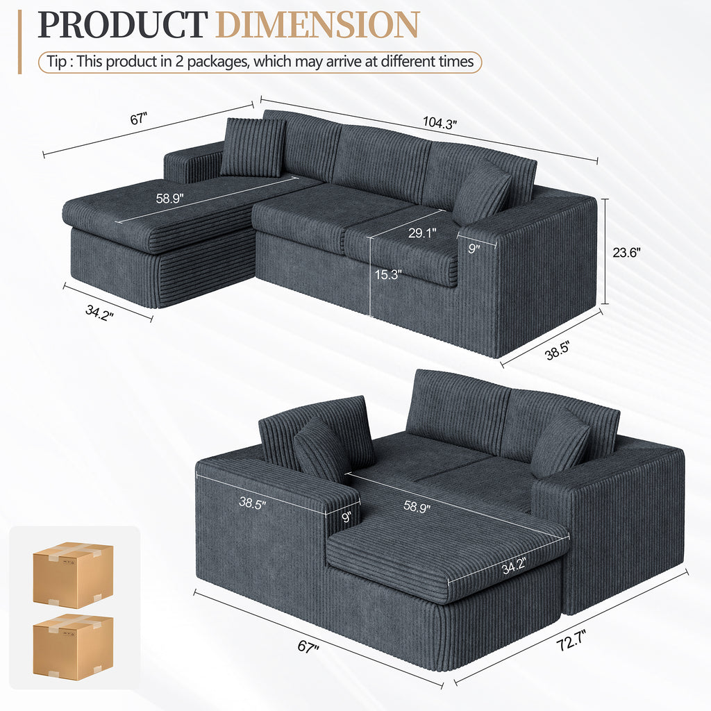 Vongrasig 105" Boneless Couches for Living Room, Sectional Couches Modular Sofa with L-Shaped Chaise, Memory Foam Comfy Cloud Couch with Plush Corduroy Fabric, No Assembly Required, Black
