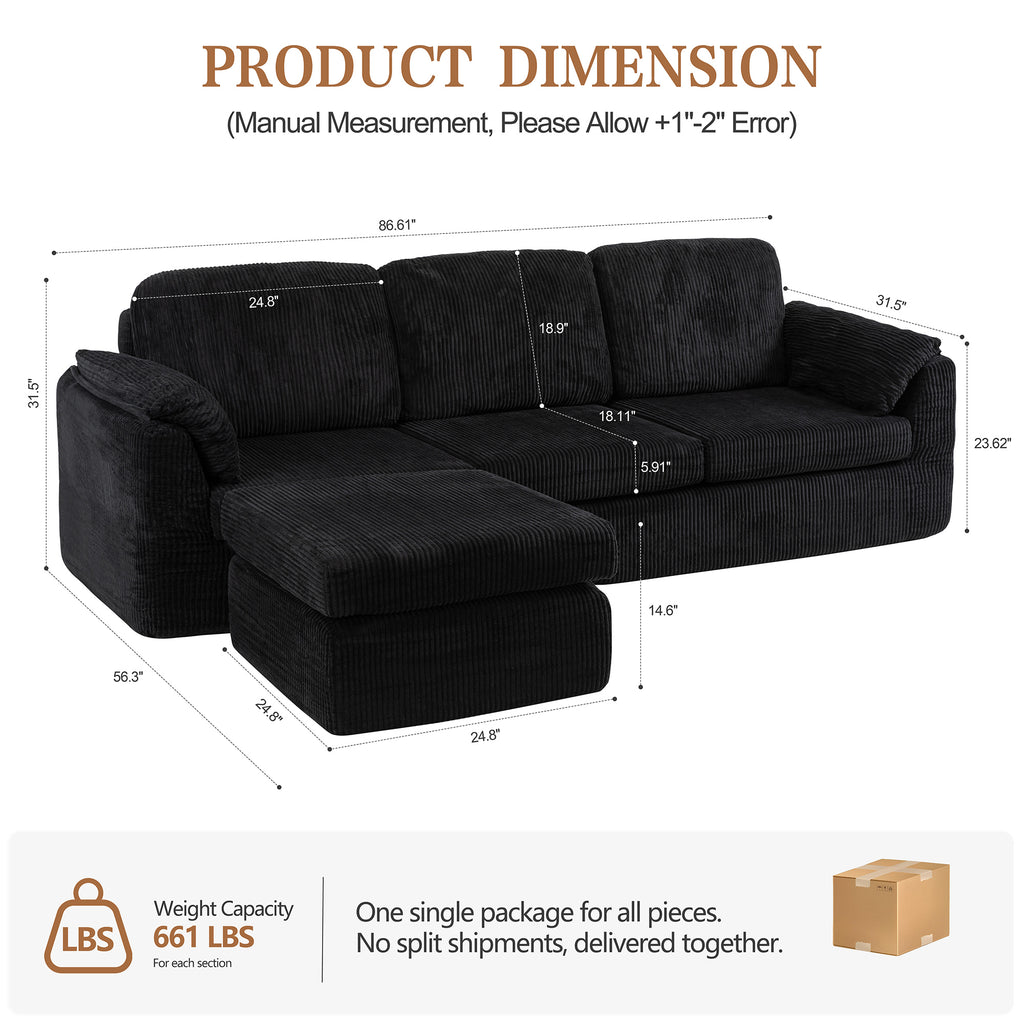 Vongrasig Boneless Convertible Sectional Sofa Couch, 3 Seat L Shaped Sofa with Removable Pillows Plush Corduroy Fabric Small Couches for Living Room, Apartment and Office