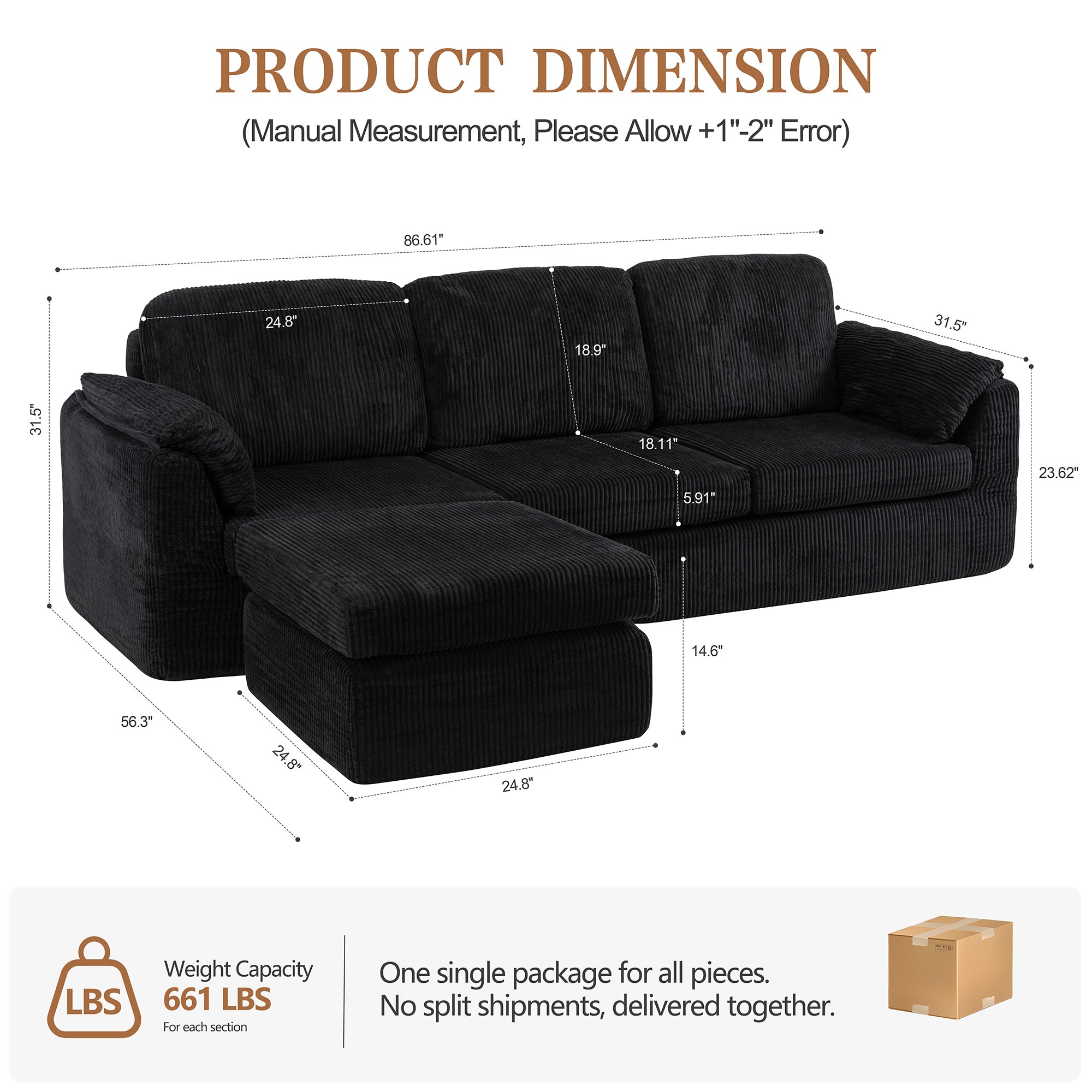 Vongrasig Boneless Convertible Sectional Sofa Couch, 3 Seat L Shaped Sofa with Removable Pillows Plush Corduroy Fabric Small Couches for Living Room, Apartment and Office