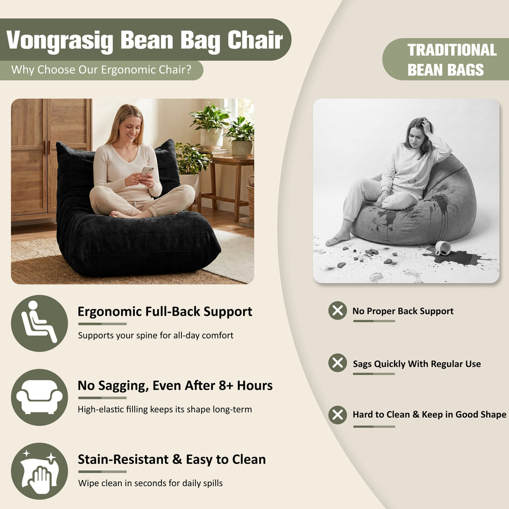 Vongrasig Bean Bag Chair for Adults, Line Fabric Lazy Sofa Couch, Memory Foam Filled Bean Bag Lounge Chair Perfect for Living Room, Bedroom and Office