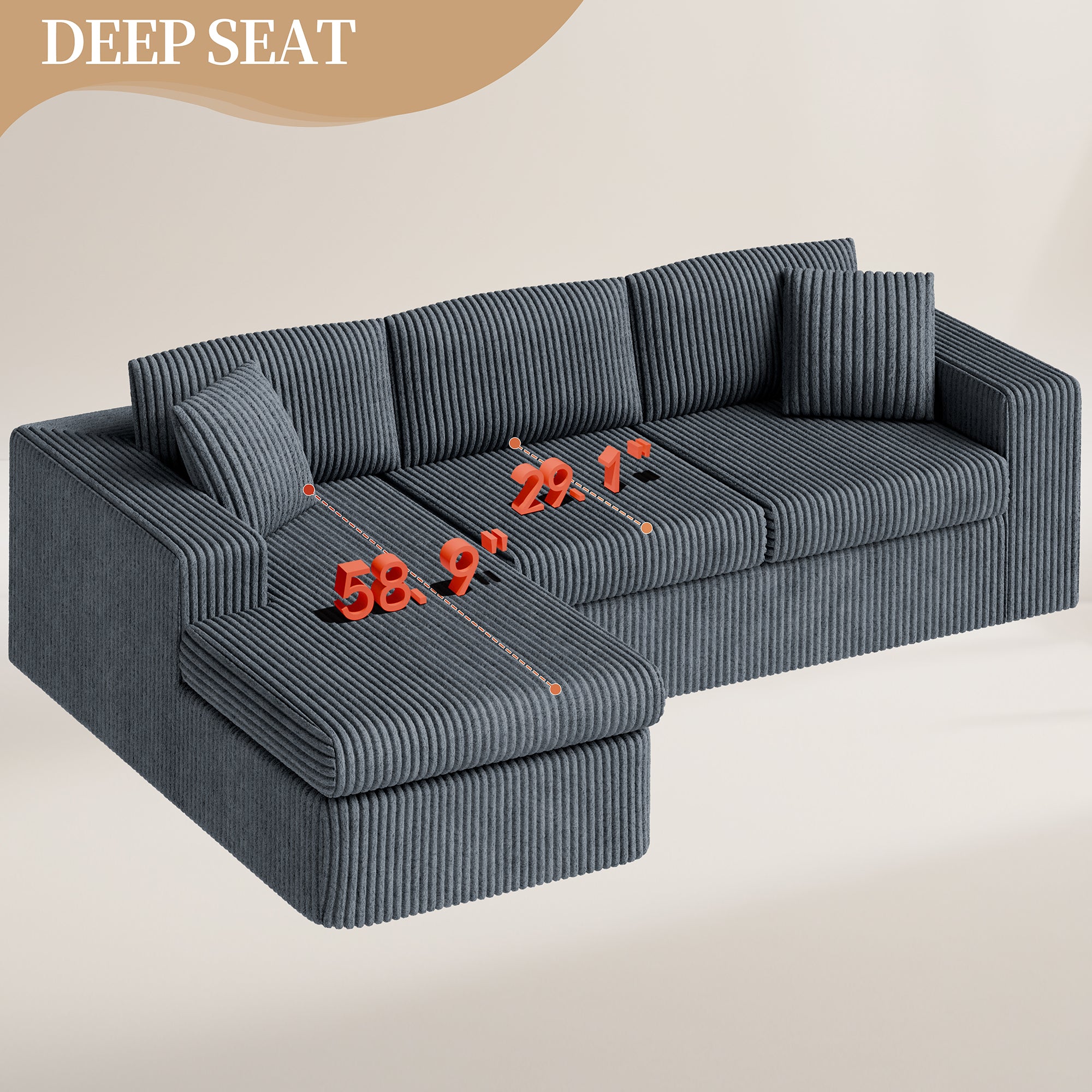 Vongrasig 105" Boneless Couches for Living Room, Sectional Couches Modular Sofa with L-Shaped Chaise, Memory Foam Comfy Cloud Couch with Plush Corduroy Fabric, No Assembly Required