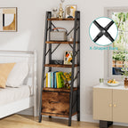 Vongrasig 5 Tier Bookshelf with Drawer, Industrial Tall Narrow Bookcase, Display Shelf Modern Wood and Metal Bookshelves, Free Standing Storage Organizer for Office, Living Room