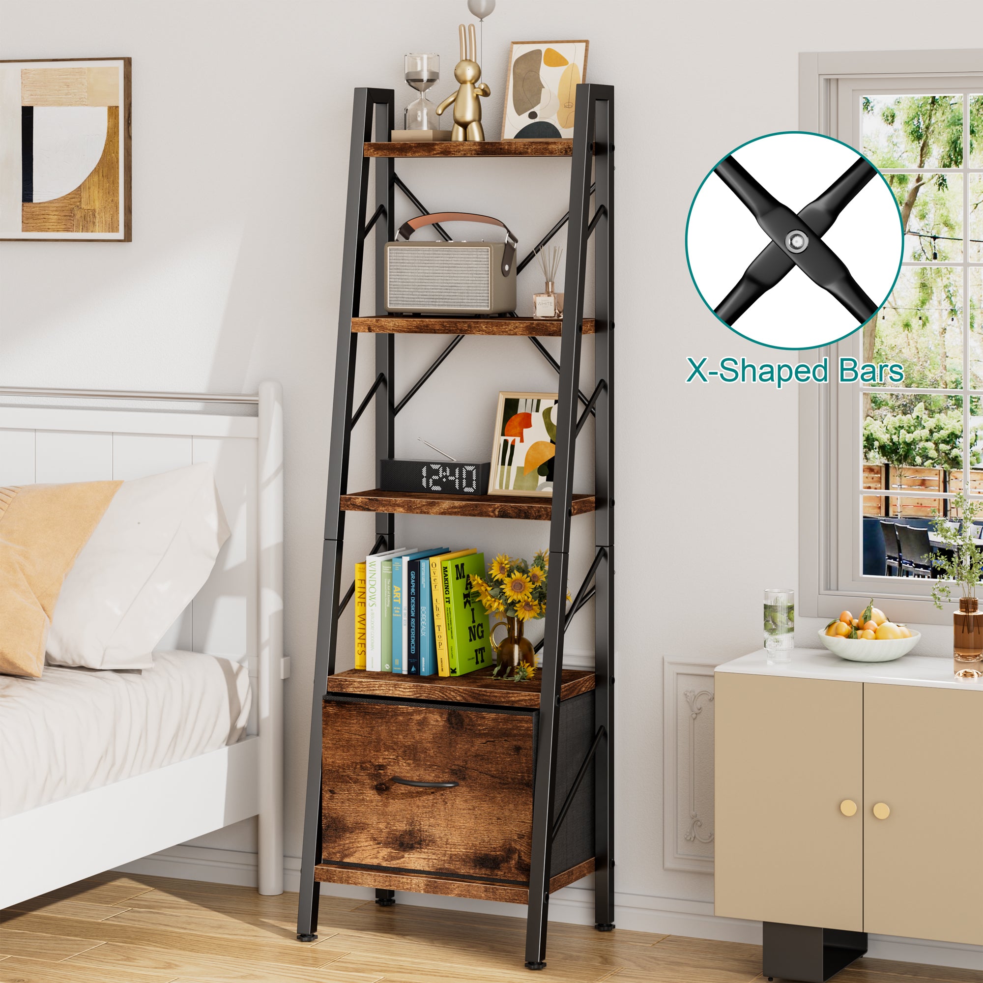 Vongrasig 5 Tier Bookshelf with Drawer, Industrial Tall Narrow Bookcase, Display Shelf Modern Wood and Metal Bookshelves, Free Standing Storage Organizer for Office, Living Room