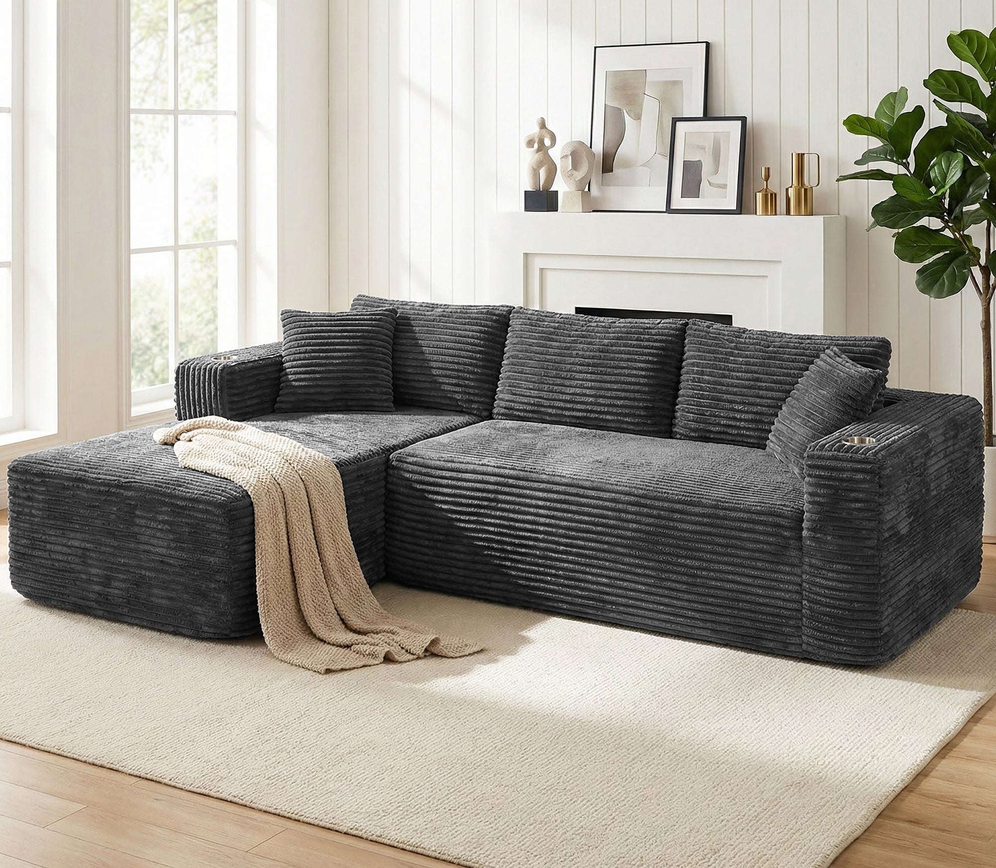 Vongrasig 103" Boneless Sectional Couches for Living Room, L-Shaped Chaise Modular Cloud Couch with Cup Holders on Armrests, Plush Corduroy Comfy Sofa with Memory Foam, No Assembly Required