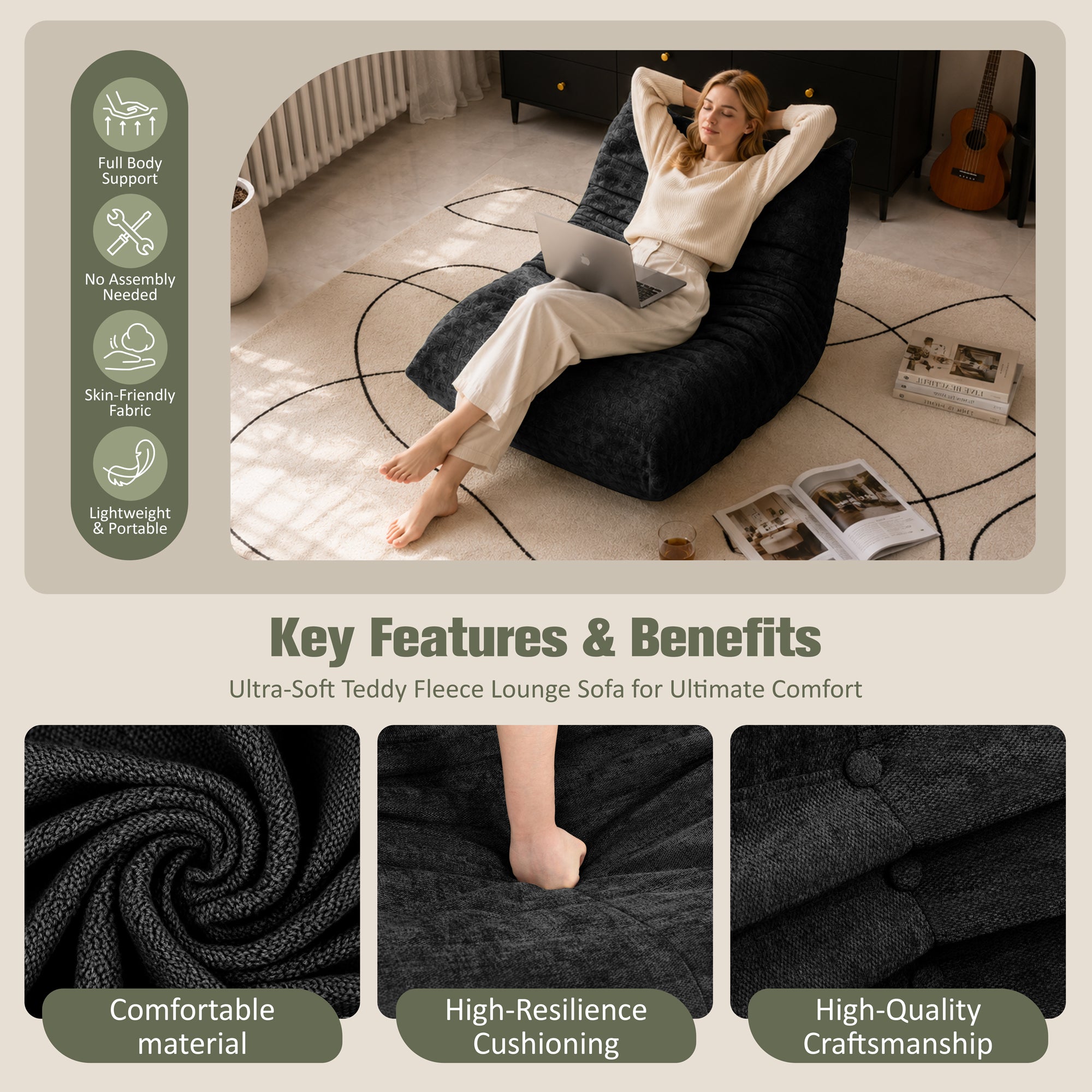 Vongrasig Bean Bag Chair for Adults, Line Fabric Lazy Sofa Couch, Memory Foam Filled Bean Bag Lounge Chair Perfect for Living Room, Bedroom and Office
