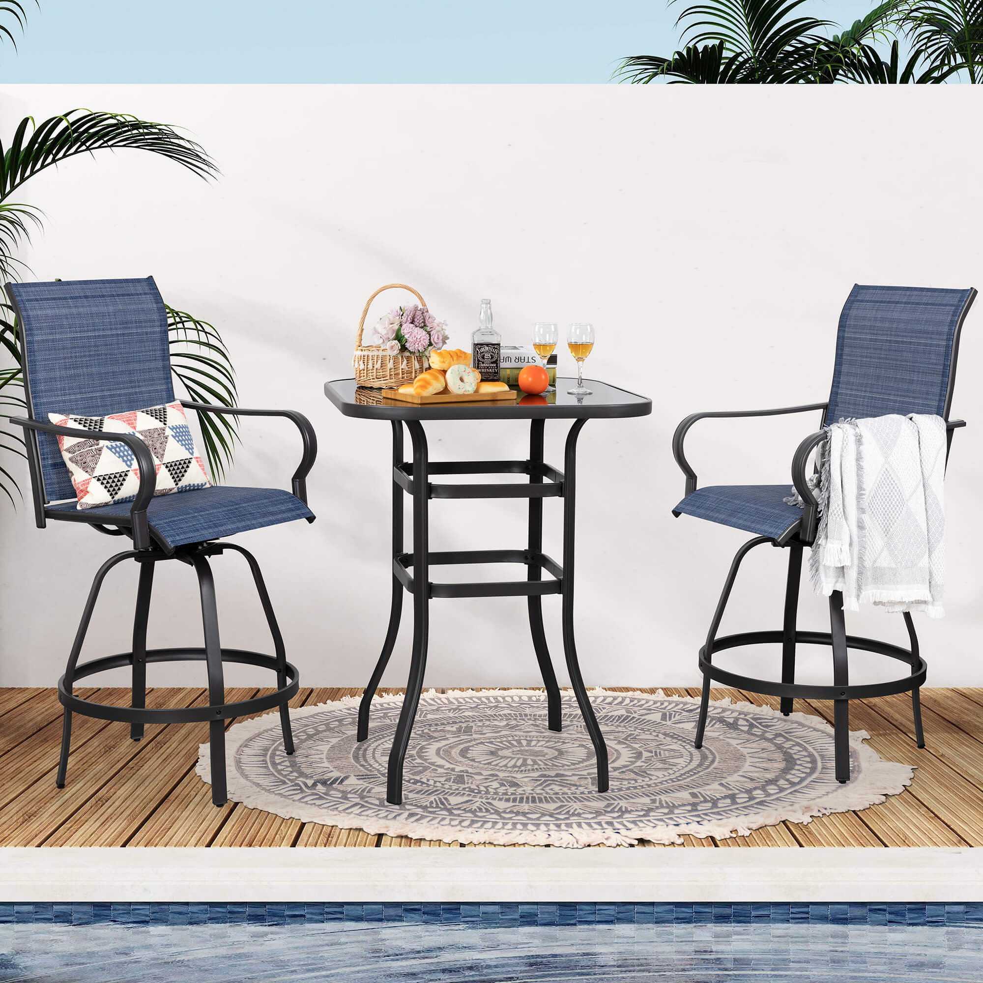 Vongrasig Patio Furniture Outdoor All-Weather Texilene Swivel High Bar Stools Set