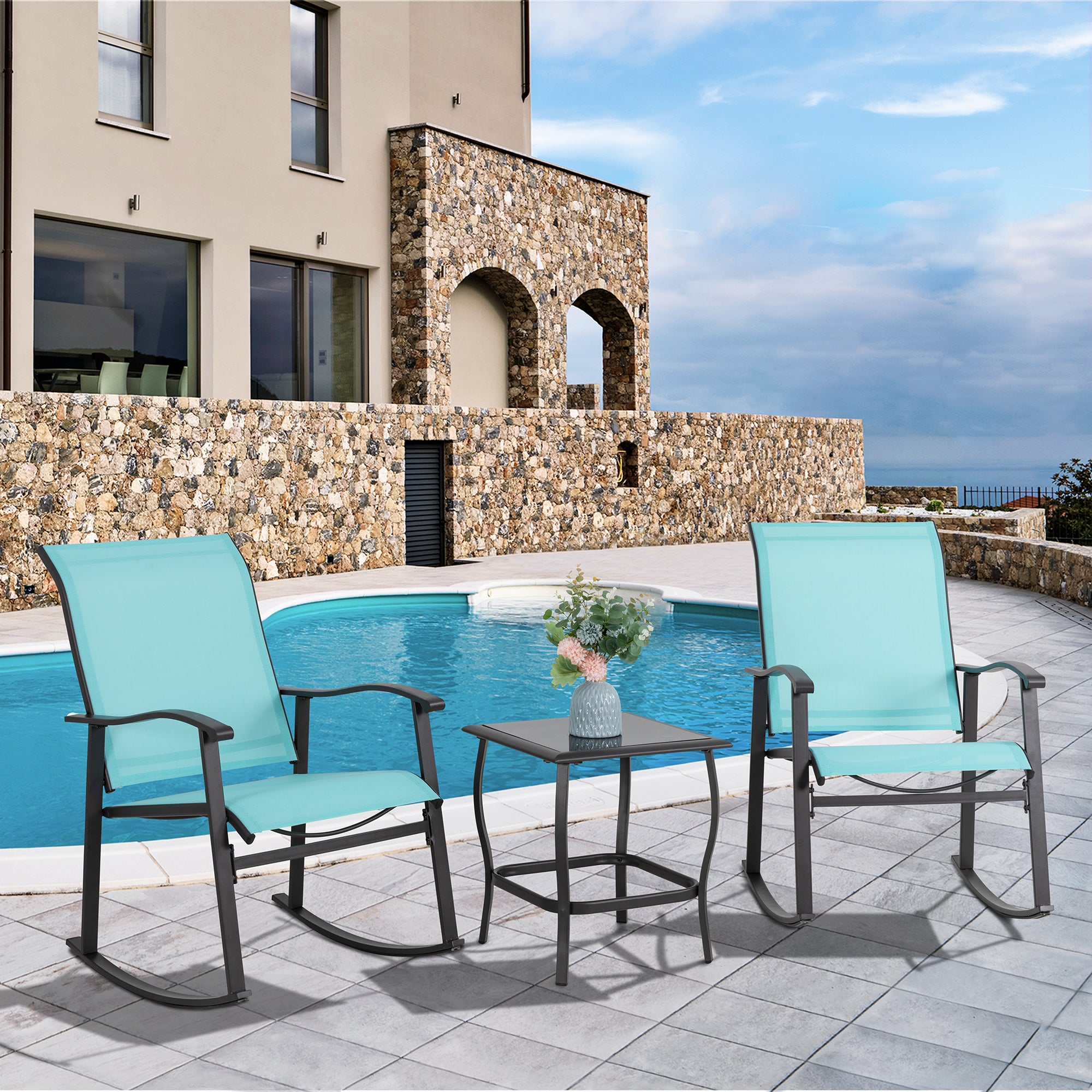 Vongrasig 3 Piece Outdoor Rocking Bistro Set, Textilene Fabric Small Patio Furniture Set, Front Porch Rocker Chairs Conversation Set with Glass Table for Lawn, Garden, Balcony, Poolside