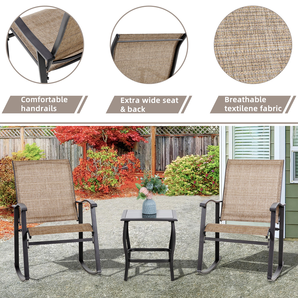 Vongrasig 3 Piece Outdoor Rocking Bistro Set, Textilene Fabric Small Patio Furniture Set, Front Porch Rocker Chairs Conversation Set with Glass Table for Lawn, Garden, Balcony, Poolside
