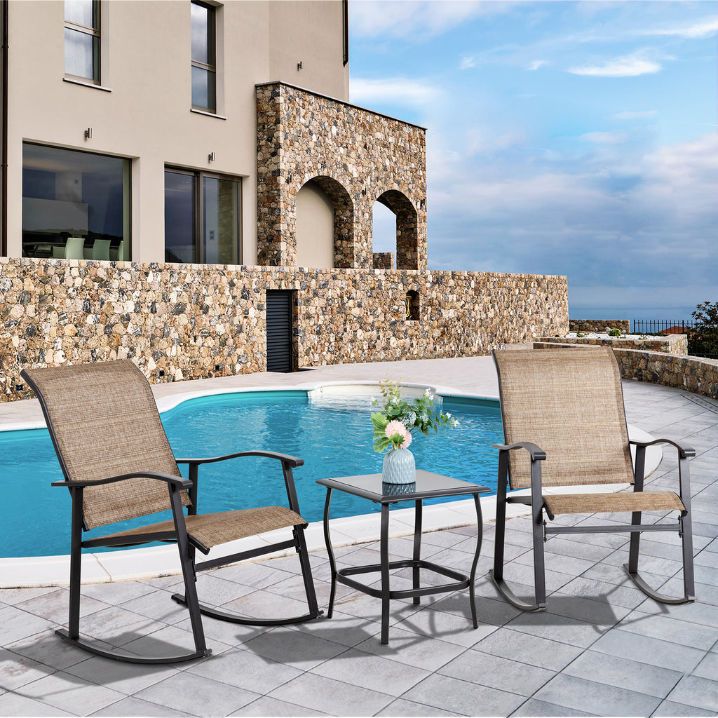Vongrasig 3 Piece Outdoor Rocking Bistro Set, Textilene Fabric Small Patio Furniture Set, Front Porch Rocker Chairs Conversation Set with Glass Table for Lawn, Garden, Balcony, Poolside