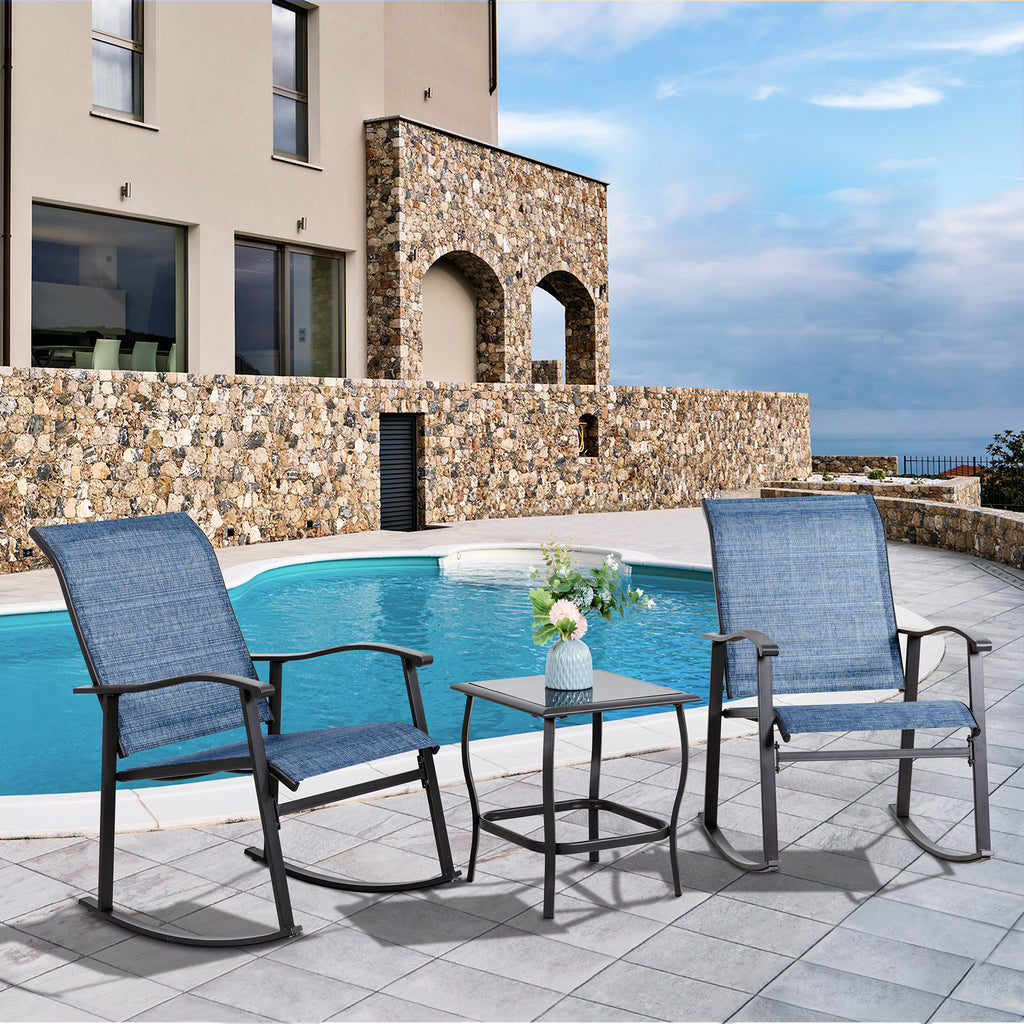 Vongrasig 3 Piece Outdoor Rocking Bistro Set, Textilene Fabric Small Patio Furniture Set, Front Porch Rocker Chairs Conversation Set with Glass Table for Lawn, Garden, Balcony, Poolside