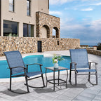 Vongrasig 3 Piece Outdoor Rocking Bistro Set, Textilene Fabric Small Patio Furniture Set, Front Porch Rocker Chairs Conversation Set with Glass Table for Lawn, Garden, Balcony, Poolside