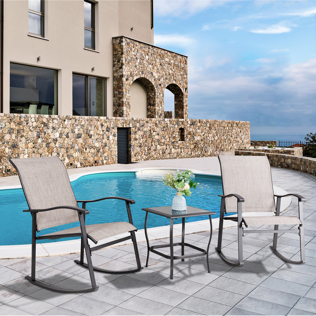Vongrasig 3 Piece Outdoor Rocking Bistro Set, Textilene Fabric Small Patio Furniture Set, Front Porch Rocker Chairs Conversation Set with Glass Table for Lawn, Garden, Balcony, Poolside