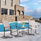 Vongrasig 3 Piece Outdoor Rocking Bistro Set, Textilene Fabric Small Patio Furniture Set, Front Porch Rocker Chairs Conversation Set with Glass Table for Lawn, Garden, Balcony, Poolside