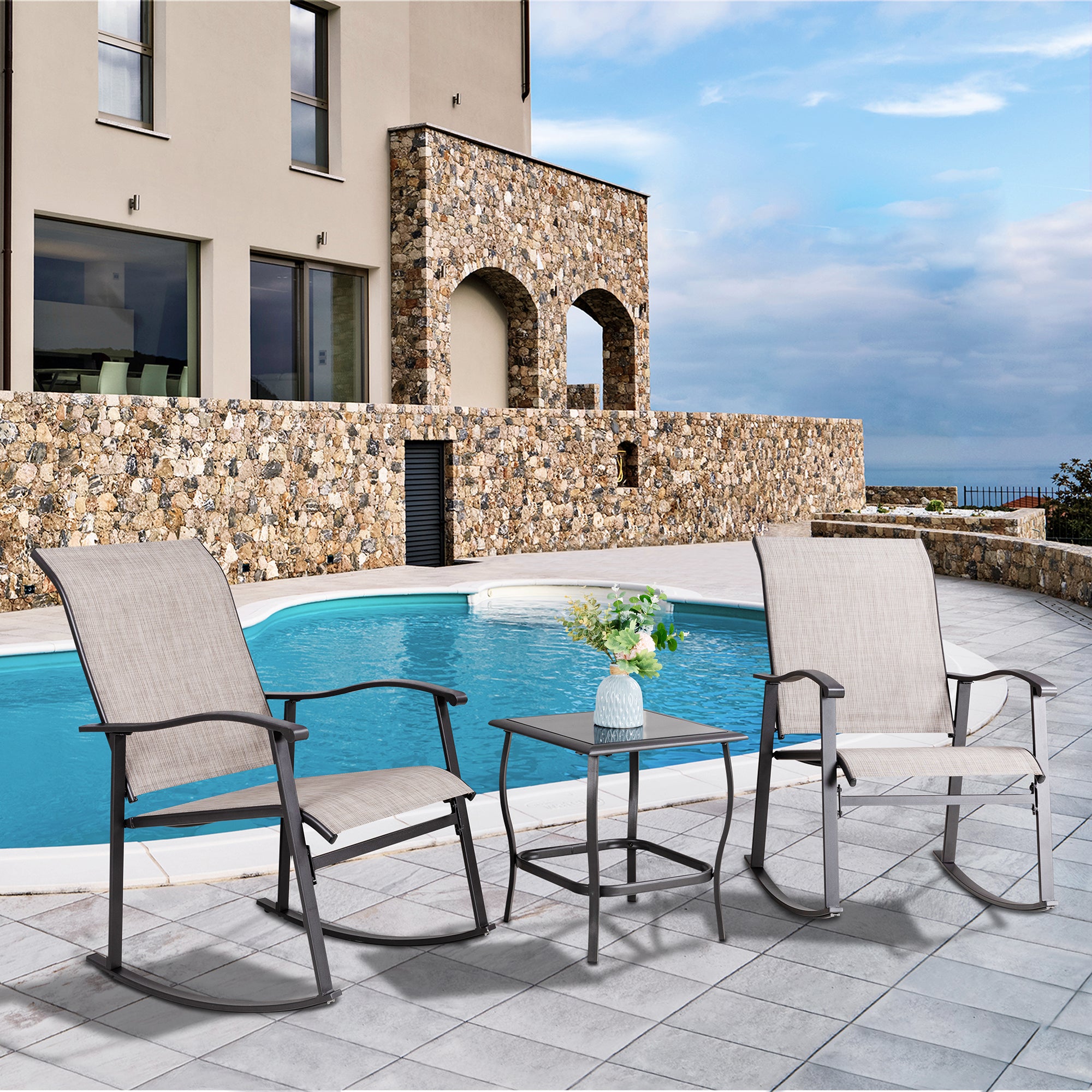 Vongrasig 3 Piece Outdoor Rocking Bistro Set, Textilene Fabric Small Patio Furniture Set, Front Porch Rocker Chairs Conversation Set with Glass Table for Lawn, Garden, Balcony, Poolside