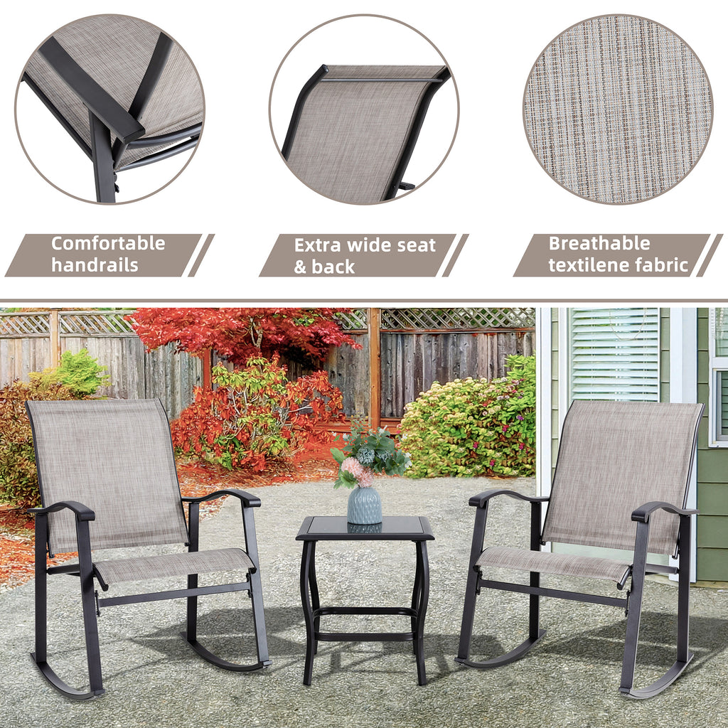 Vongrasig 3 Piece Outdoor Rocking Bistro Set, Textilene Fabric Small Patio Furniture Set, Front Porch Rocker Chairs Conversation Set with Glass Table for Lawn, Garden, Balcony, Poolside