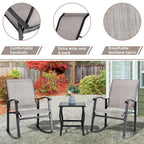 Vongrasig 3 Piece Outdoor Rocking Bistro Set, Textilene Fabric Small Patio Furniture Set, Front Porch Rocker Chairs Conversation Set with Glass Table for Lawn, Garden, Balcony, Poolside