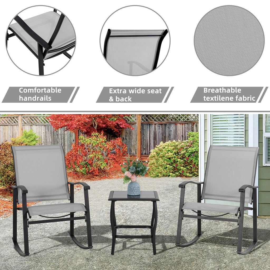 Vongrasig 3 Piece Outdoor Rocking Bistro Set, Textilene Fabric Small Patio Furniture Set, Front Porch Rocker Chairs Conversation Set with Glass Table for Lawn, Garden, Balcony, Poolside