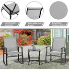 Vongrasig 3 Piece Outdoor Rocking Bistro Set, Textilene Fabric Small Patio Furniture Set, Front Porch Rocker Chairs Conversation Set with Glass Table for Lawn, Garden, Balcony, Poolside