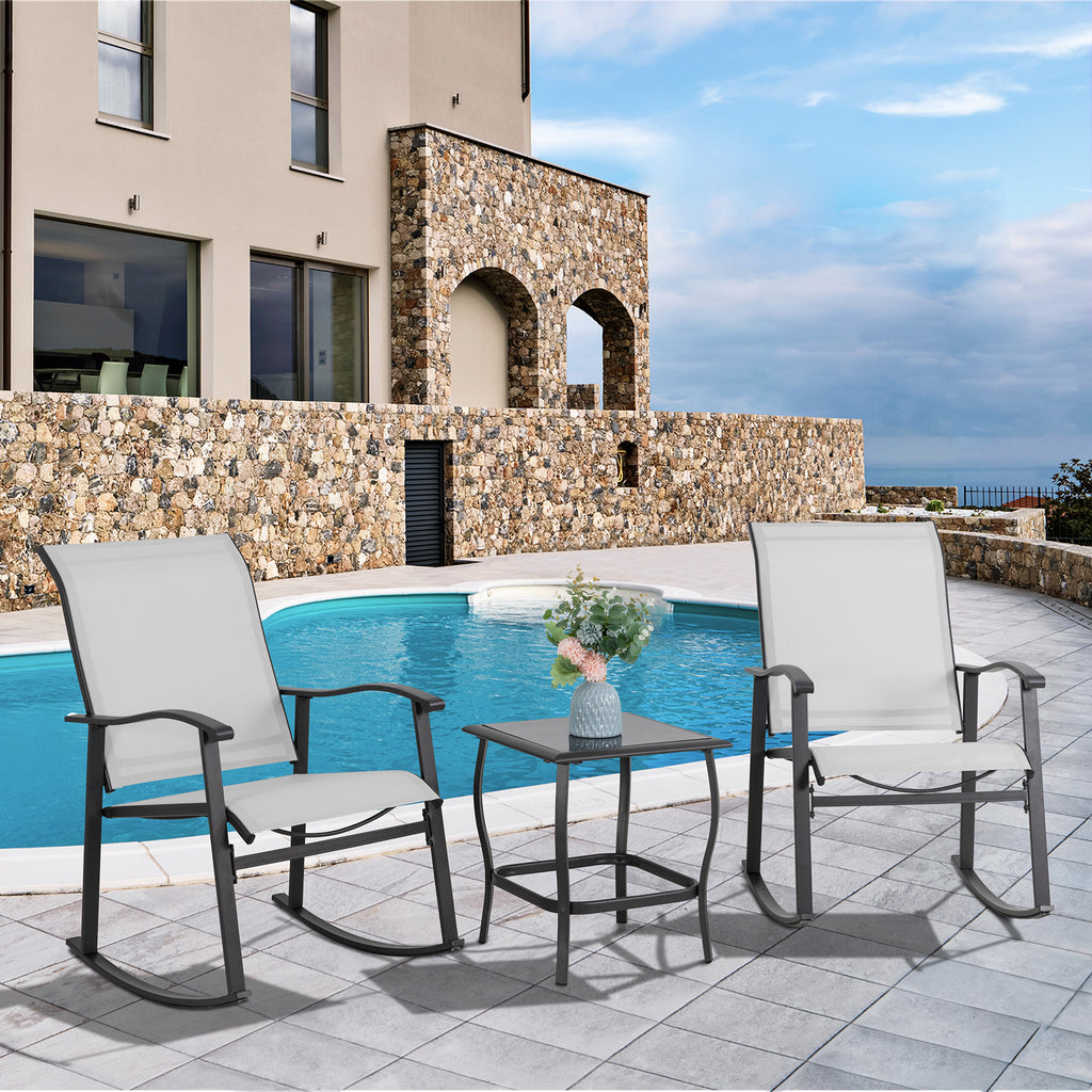 Vongrasig 3 Piece Outdoor Rocking Bistro Set, Textilene Fabric Small Patio Furniture Set, Front Porch Rocker Chairs Conversation Set with Glass Table for Lawn, Garden, Balcony, Poolside
