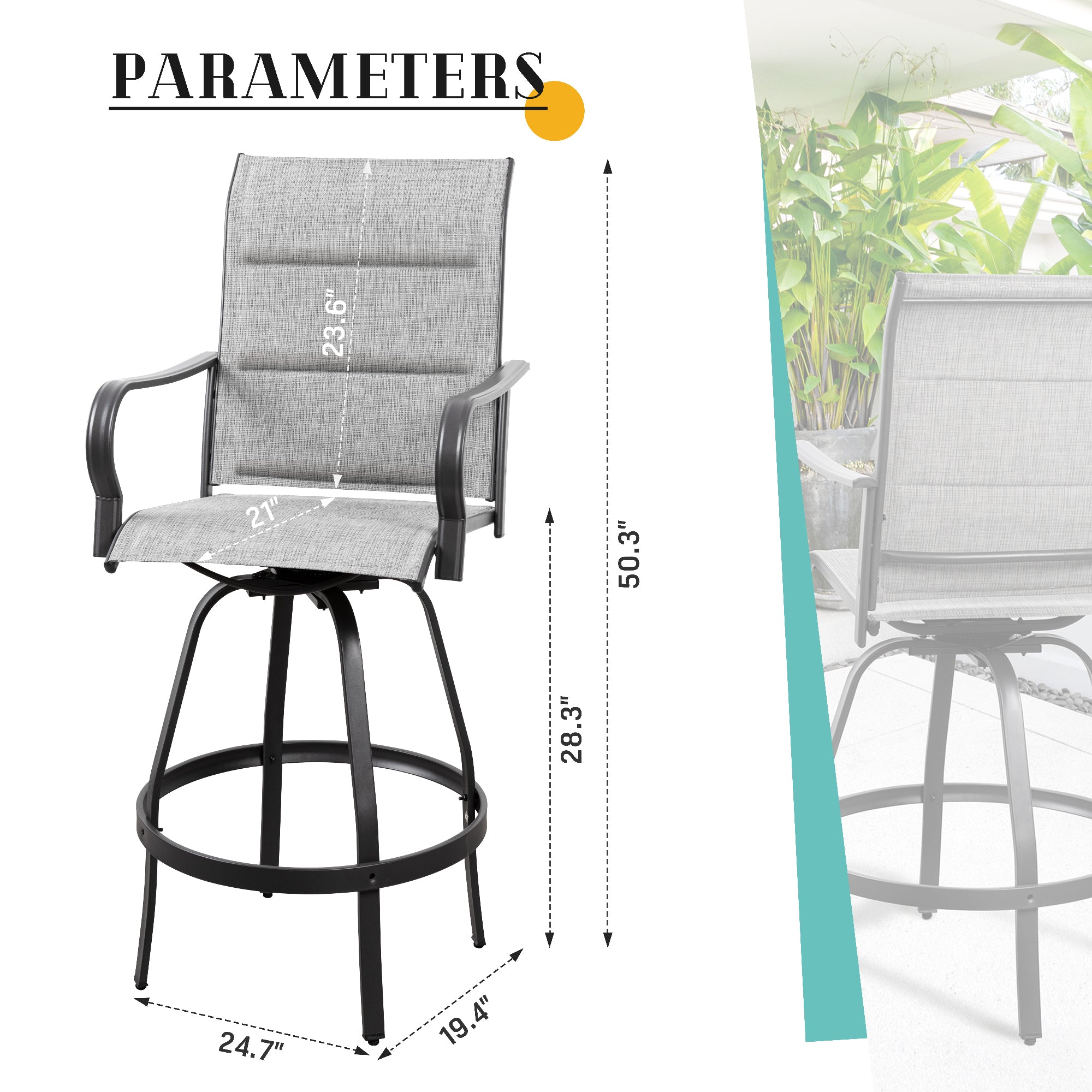 Vongrasig 2 Piece Patio Swivel Bar Chairs, All Weather Metal Textile High Swivel Bar Stools Chairs, Outdoor High Top Bistro Set for Backyard, Lawn Garden, Balcony