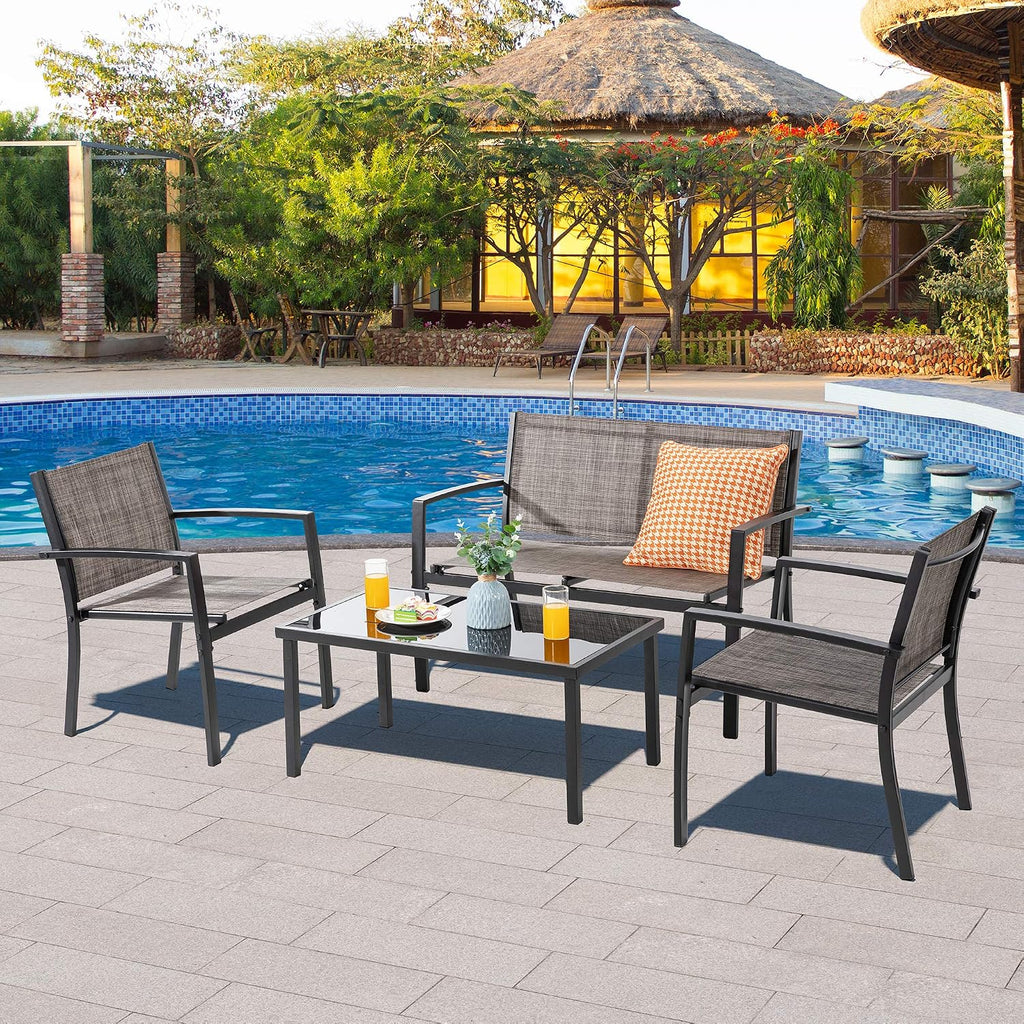 Vongrasig 4 Pieces Patio Furniture Sets,Outdoor Patio Conversation Sets with Glass Coffee Table, Small Porch Balcony Furniture, Patio Table and Chairs Set for Garden, Backyard