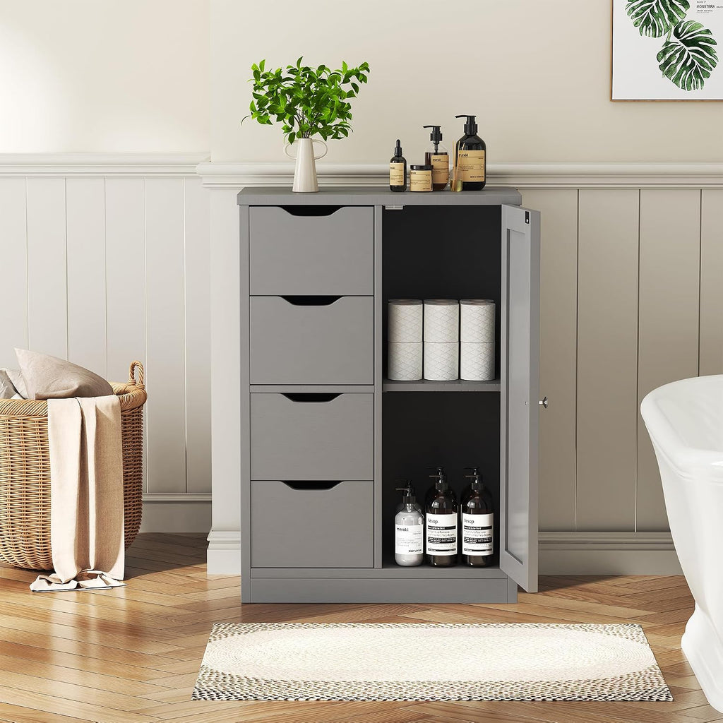 Vongrasig Bathroom Floor Storage Cabinet, Wooden Storage Organizer with 4 Drawers and 1 Door, Freestanding Pantry Cabinet with Adjustable Shelves for Bathroom, Living Room, Kitchen, Entryway