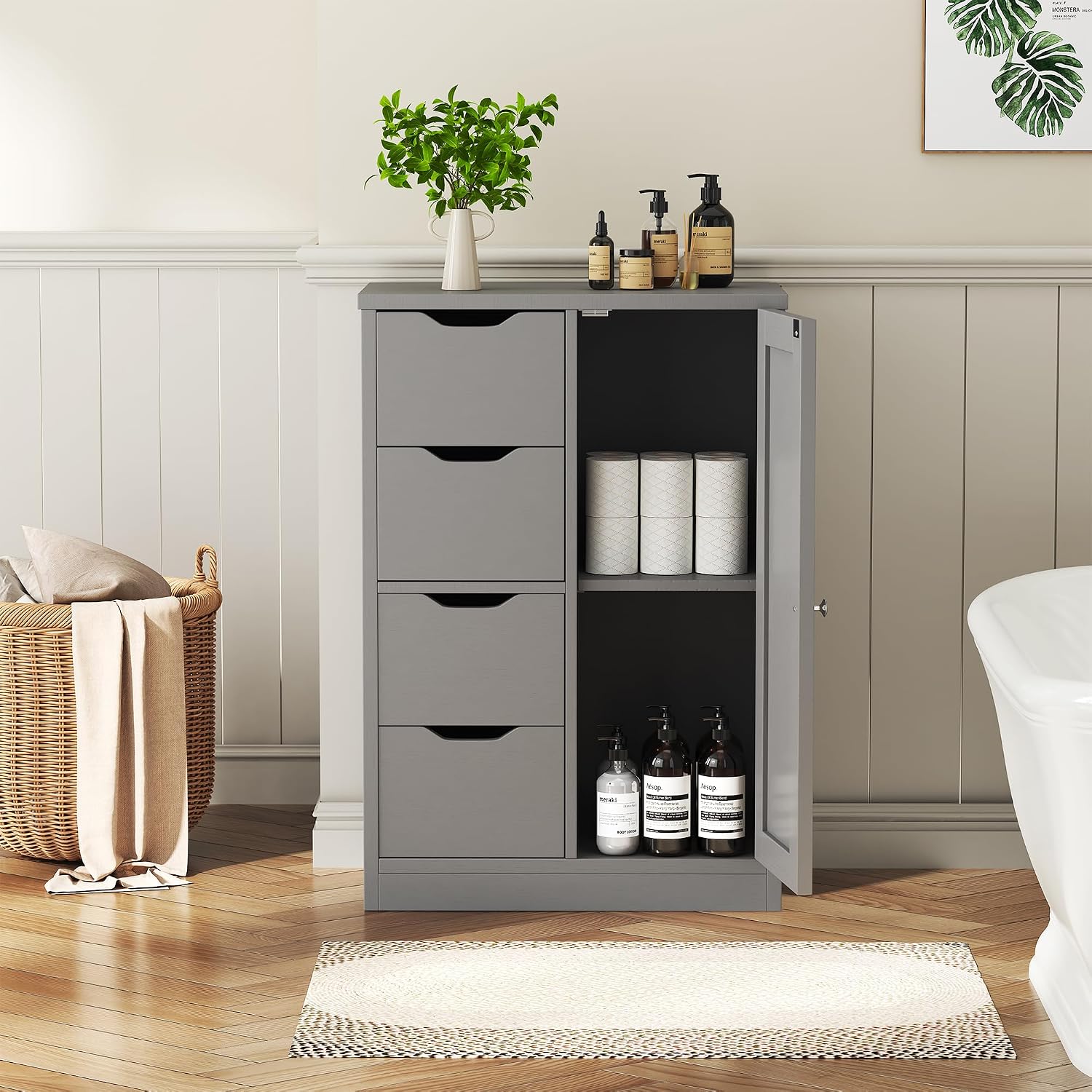 Vongrasig Bathroom Floor Storage Cabinet, Wooden Storage Organizer with 4 Drawers and 1 Door, Freestanding Pantry Cabinet with Adjustable Shelves for Bathroom, Living Room, Kitchen, Entryway