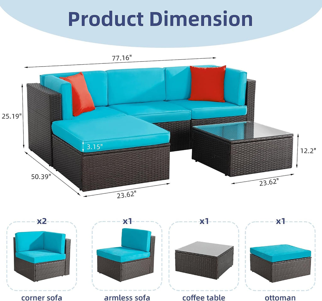 Vongrasig Patio Furniture Sets, Outdoor Patio Set Sectional Sofa, All-Weather PE Rattan Outdoor Couch with Ottoman, Glass Table for Garden, Backyard, Porch