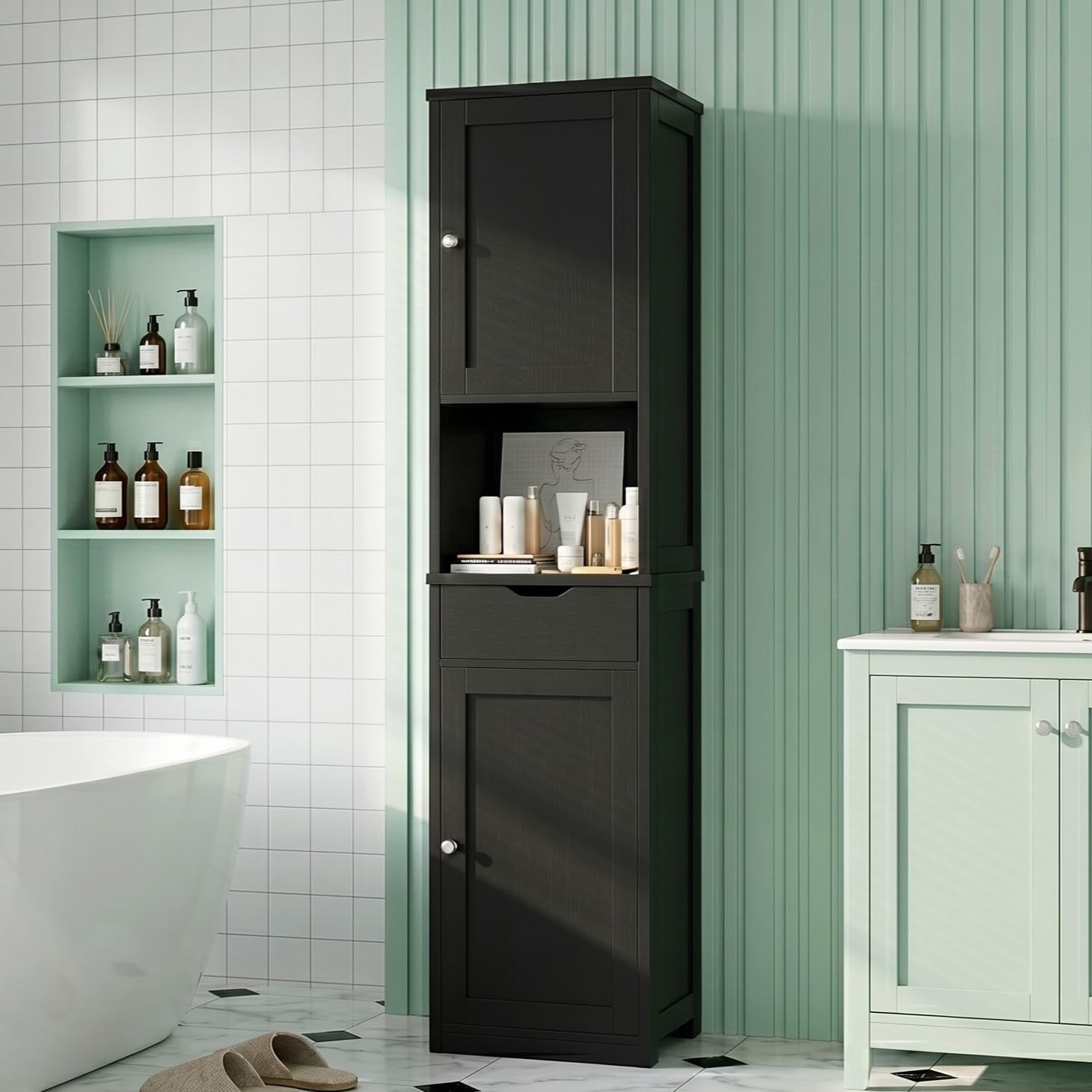 Vongrasig Tall Bathroom Storage Cabinet, 64”H Narrow Storage Unit for Small Spaces, Freestanding Modern Cabinet with Adjustable Shelves for Bathroom, Living Room, Kitchen