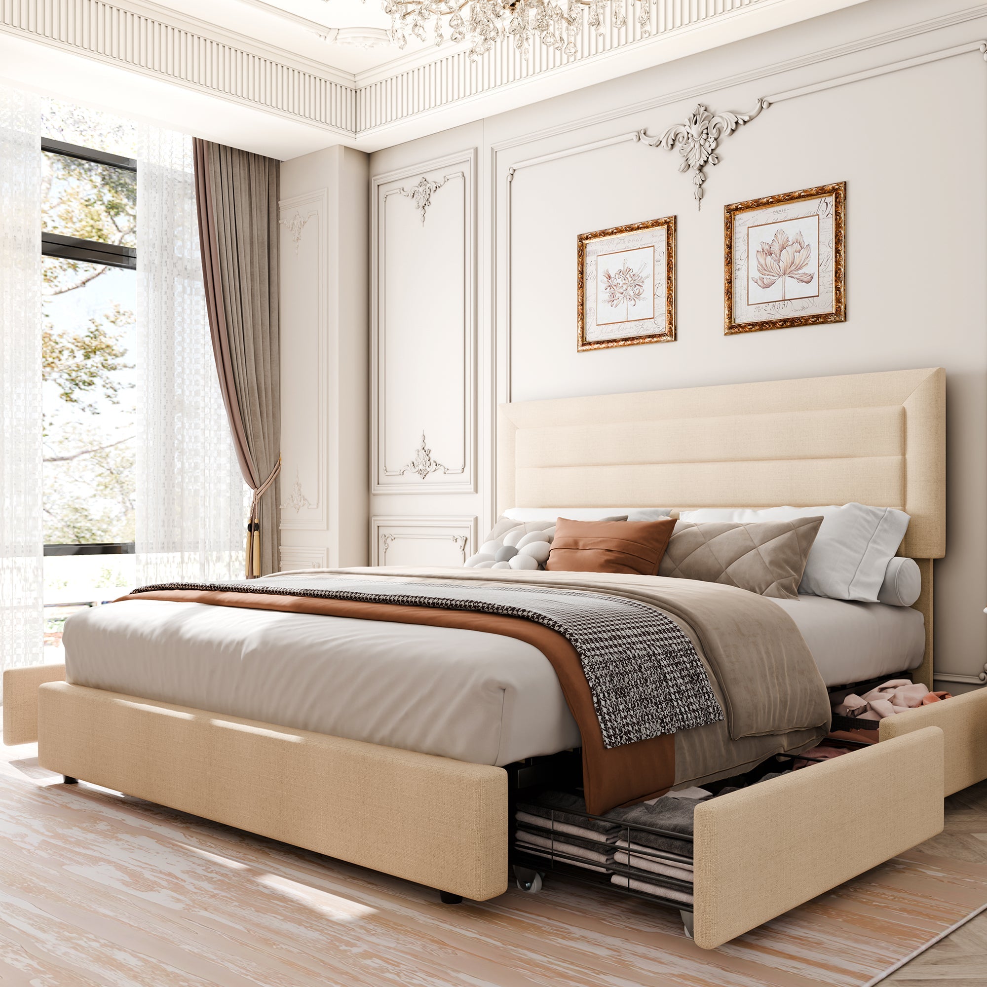 Walsunny Bed Frame with 4 Storage Drawee, Platform Bed with Upholstered Modern Geometric Lines Headboard, Solid Wood Slats Support (7504162390192)
