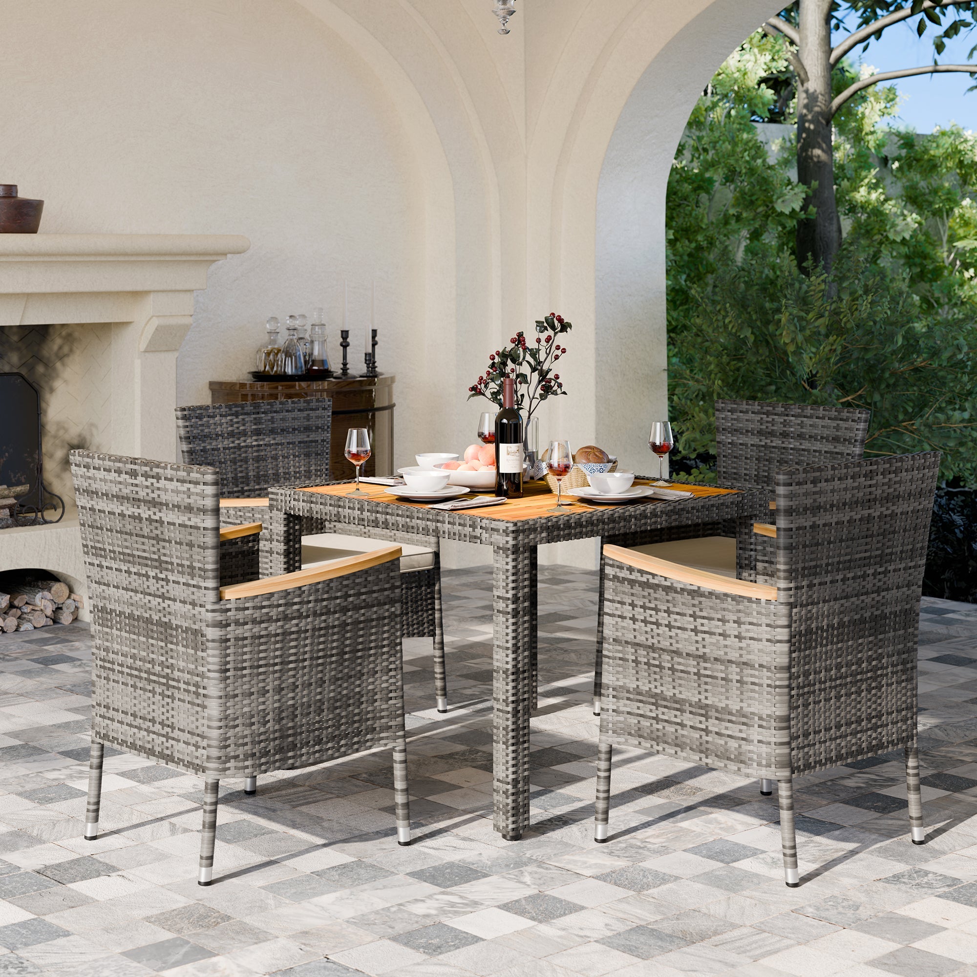 Walsunny 5 Pieces/ 7 Pieces Patio Dining Set, Square Wood Table (7047179927728)