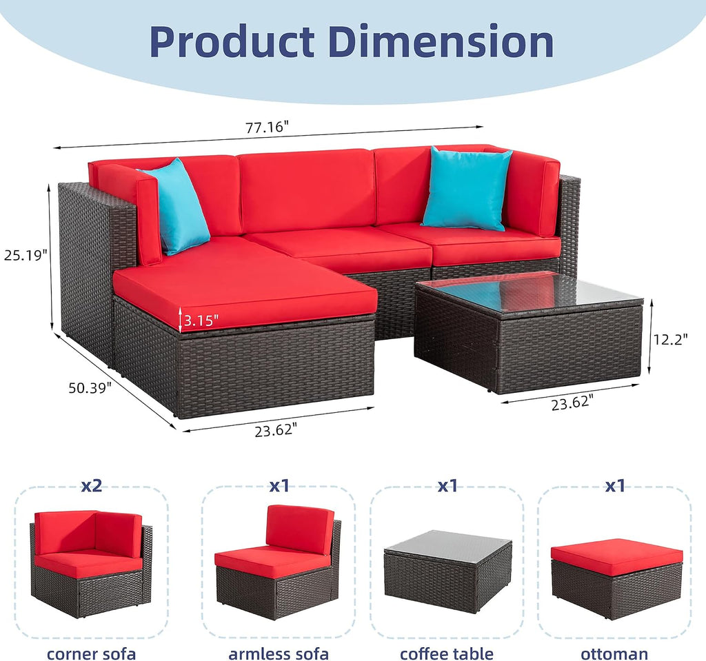 Vongrasig Patio Furniture Sets, Outdoor Patio Set Sectional Sofa, All-Weather PE Rattan Outdoor Couch with Ottoman, Glass Table for Garden, Backyard, Porch