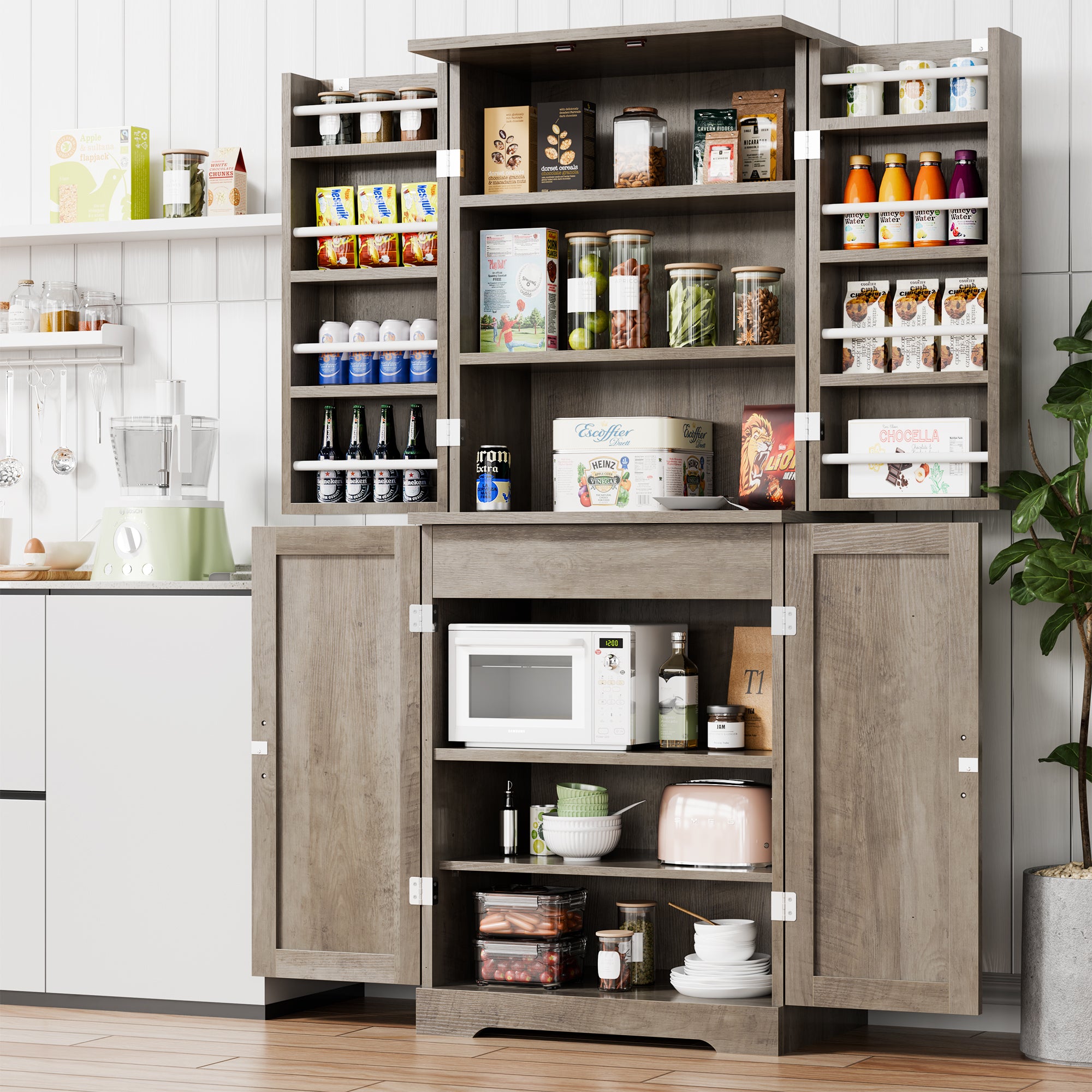Vongrasig Kitchen Pantry Storage Cabinet with Barn Doors, Drawer and Adjustable Shelves, 6-Tier Tall Rustic Wood Cupboard Locker for Kitchen, Dining Room, Living Room, Bathroom