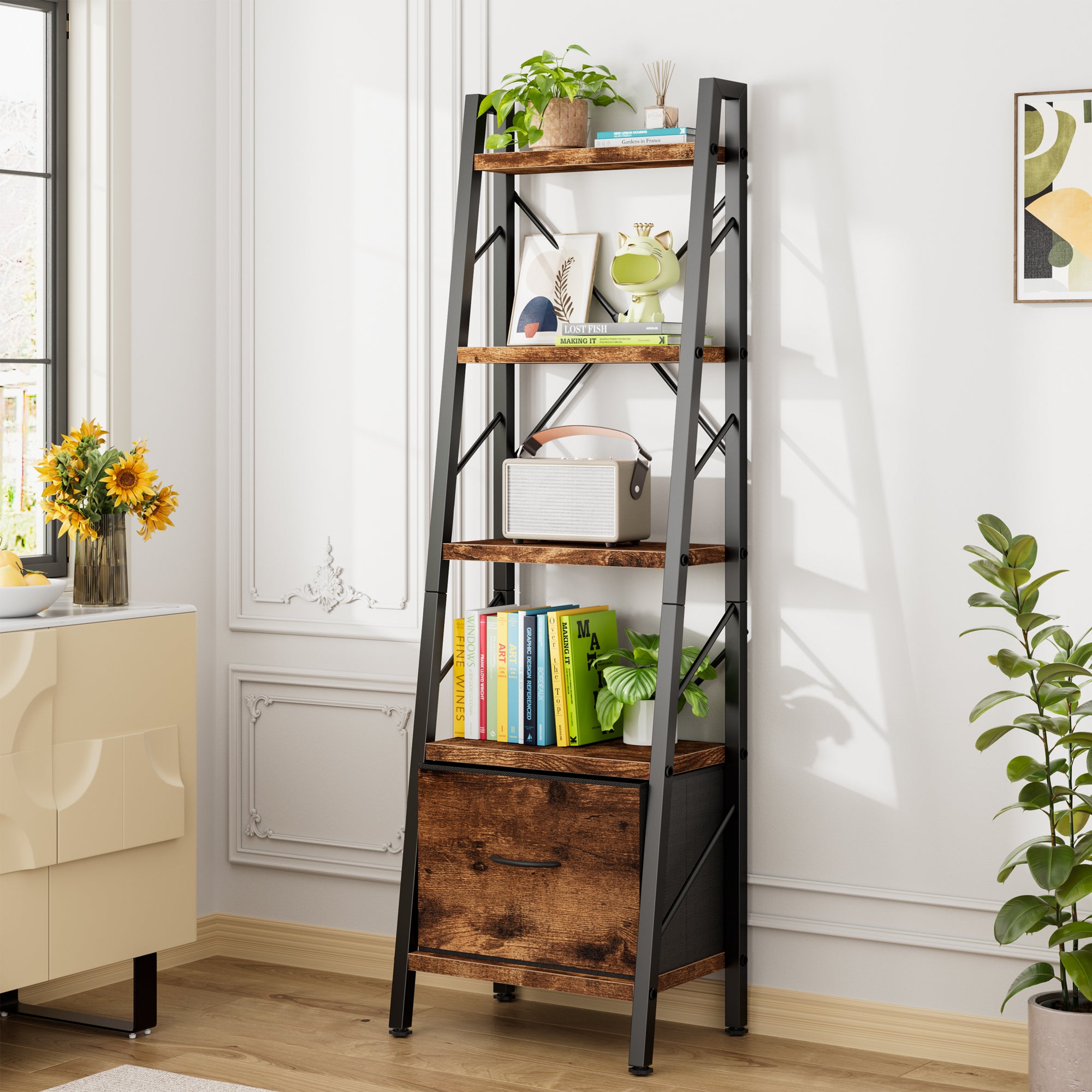 Vongrasig 5 Tier Bookshelf with Drawer, Industrial Tall Narrow Bookcase, Display Shelf Modern Wood and Metal Bookshelves, Free Standing Storage Organizer for Office, Living Room