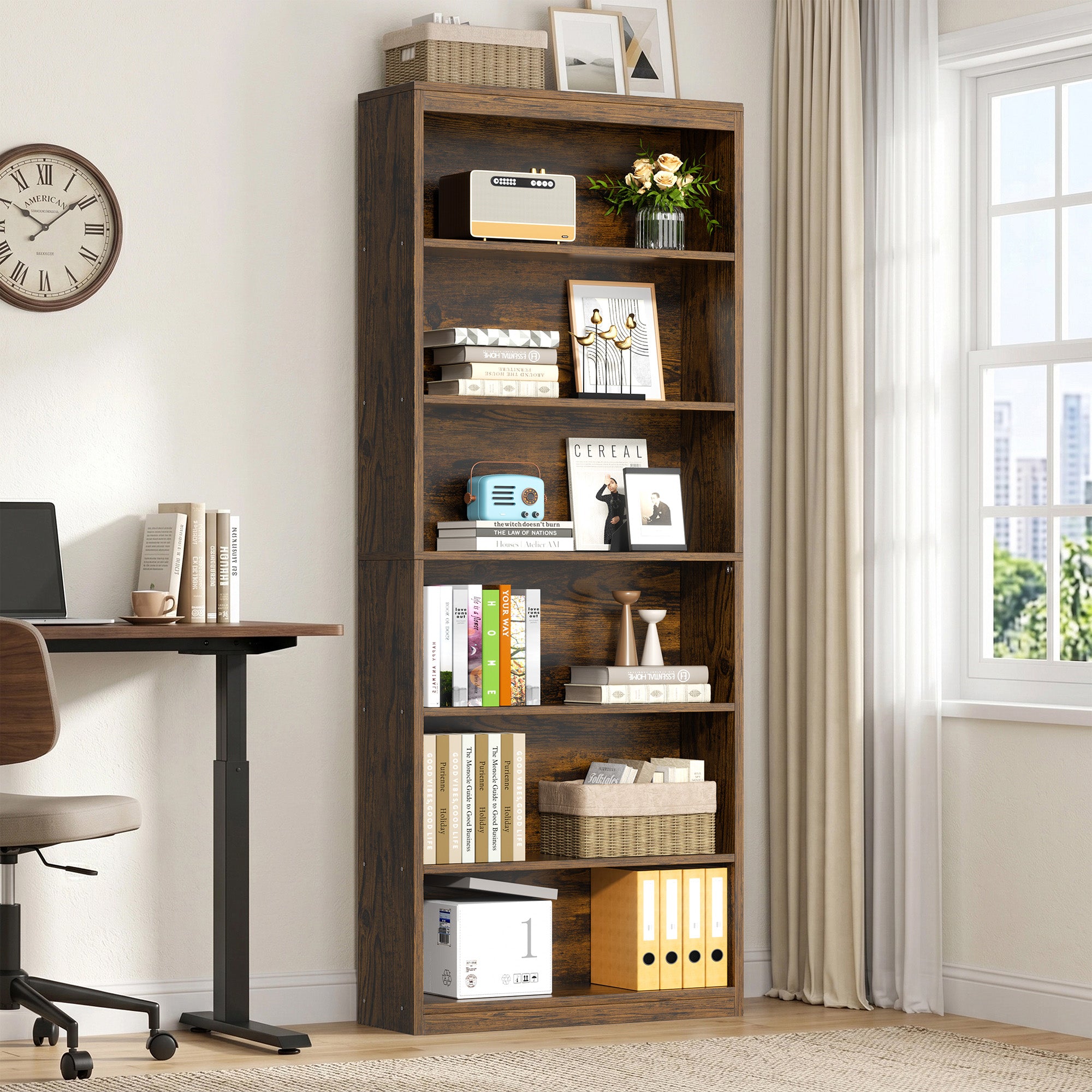 Vongrasig 6-Tier Open Bookshelf, Modern Wood Bookcase| 71" Tall Floor Standing Bookcase, Wood Display Storage Shelf for Home Office Living Room