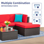 Vongrasig 5 Piece Patio Furniture Sets, Outdoor Patio Set Sectional Sofa, All-Weather PE Rattan Outdoor Couch with Ottoman, Glass Table for Garden, Backyard, Porch, Beige