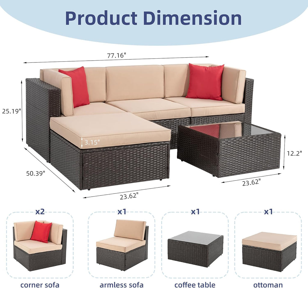 Vongrasig Patio Furniture Sets, Outdoor Patio Set Sectional Sofa, All-Weather PE Rattan Outdoor Couch with Ottoman, Glass Table for Garden, Backyard, Porch